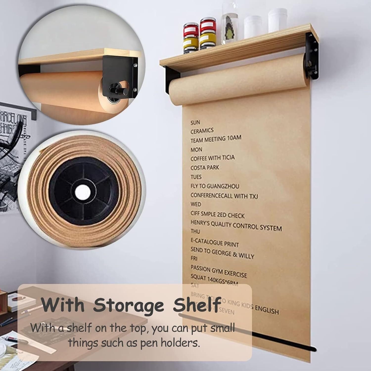 Distributeur de rouleaux de papier kraft avec cutter, design mural avec étagère de rangement pour bureau et café pratique