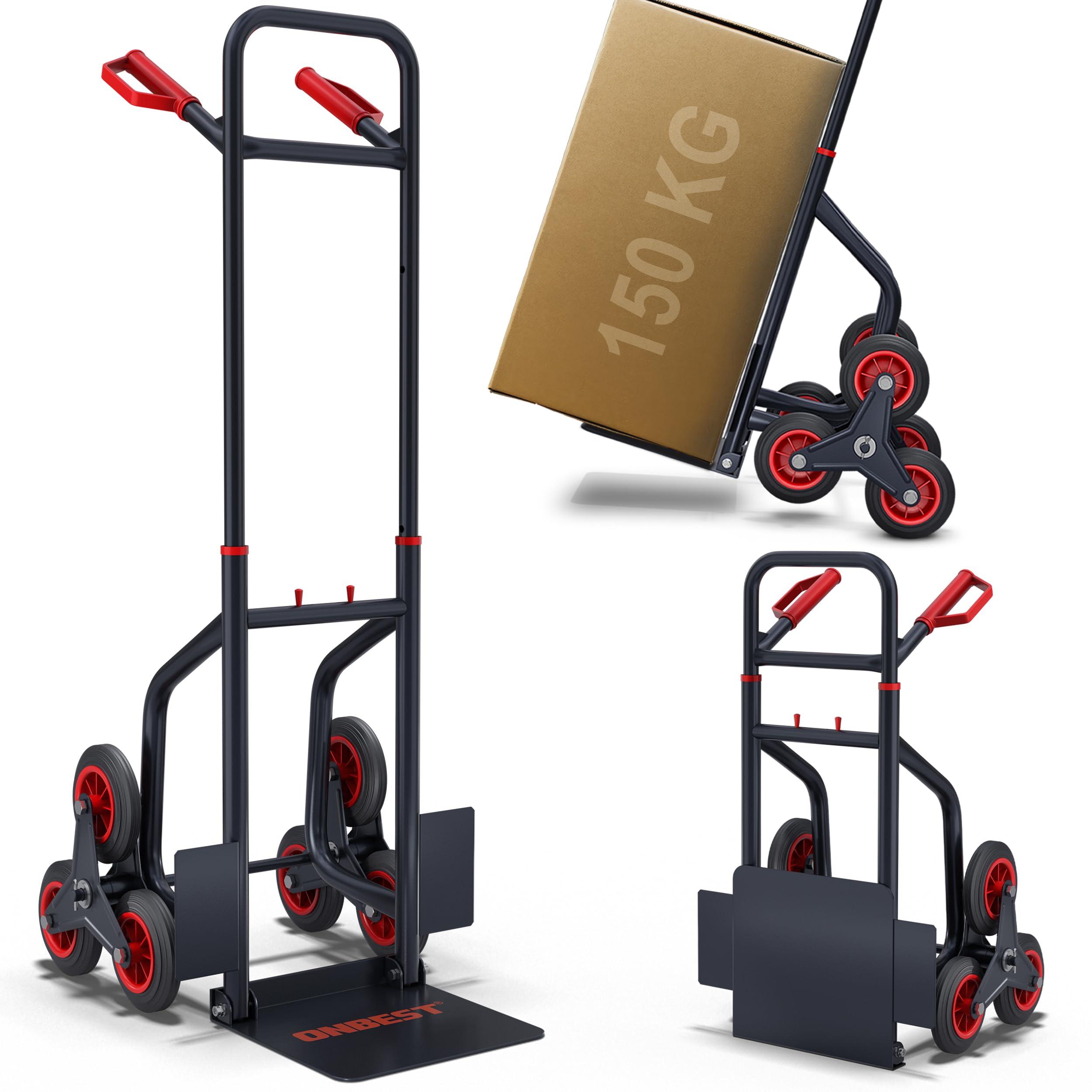 ONBEST Treppensackkarre klappbar 150 kg 3-Fach Reifen | Sackkarre und Treppensteiger mit Stahlrahmen, XL-Schaufel, Hartgummi-Reifen und Handgriffen