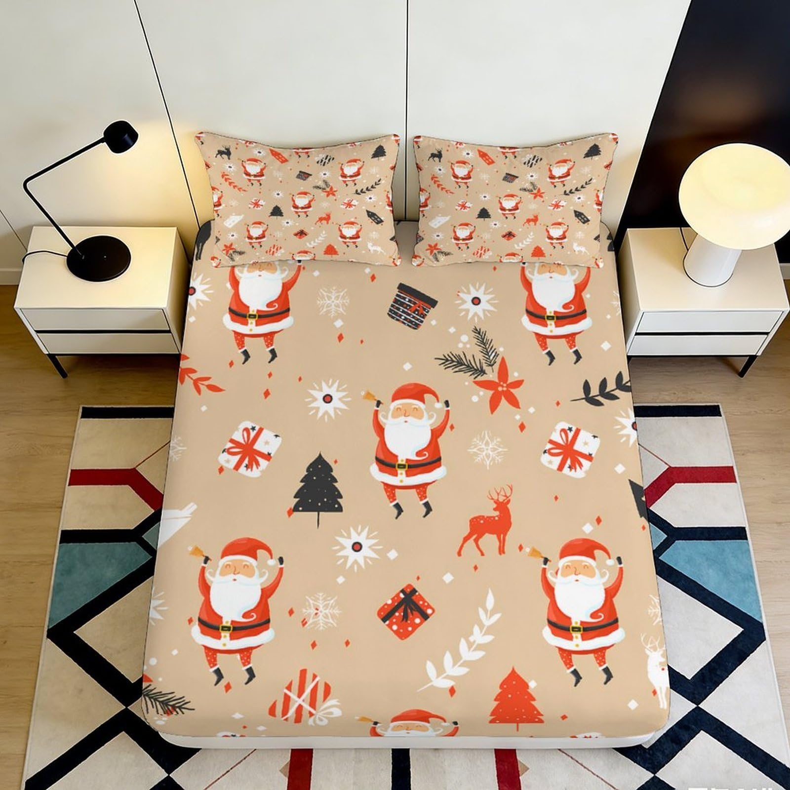 3D Printed Santa Claus Christmas Fitted Sheet Microfiber Non Slip Bed Cover Reindeer Gift Pattern for Bedroom Guest Room 140x200x25cm
