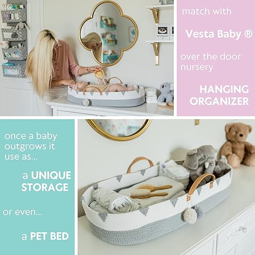 Miniatura 8 de Vesta Baby Cesta cambiadora de moisés de cuerda de algodón tejida, portátil, para cuarto de bebé, con almohadilla de espuma suave y 2 fundas