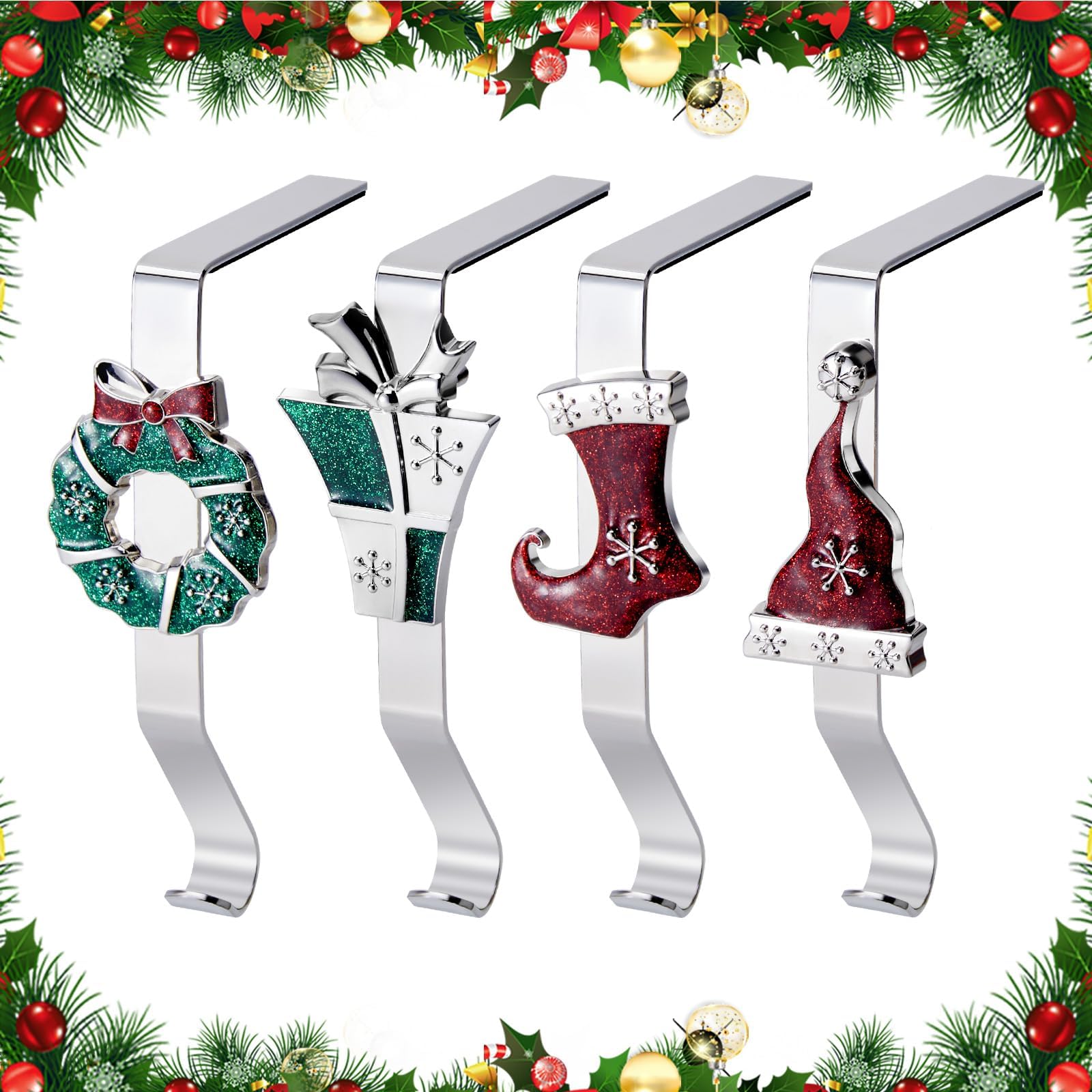Christmas Stocking Holders for Mantles Set of 4, Colorful Stocking Hangers for Fireplaces, 4 Pack Non-Slip Stocking Hooks for Mantle, Stocking, Wreath, Hat, Gift Hook for Christmas Party Decorations