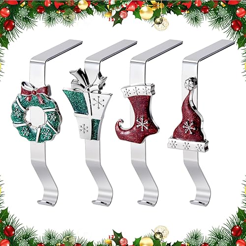 Christmas Stocking Holders for Mantles Set of 4, Colorful Stocking Hangers for Fireplaces, 4 Pack Non-Slip Stocking Hooks for Mantle, Stocking,