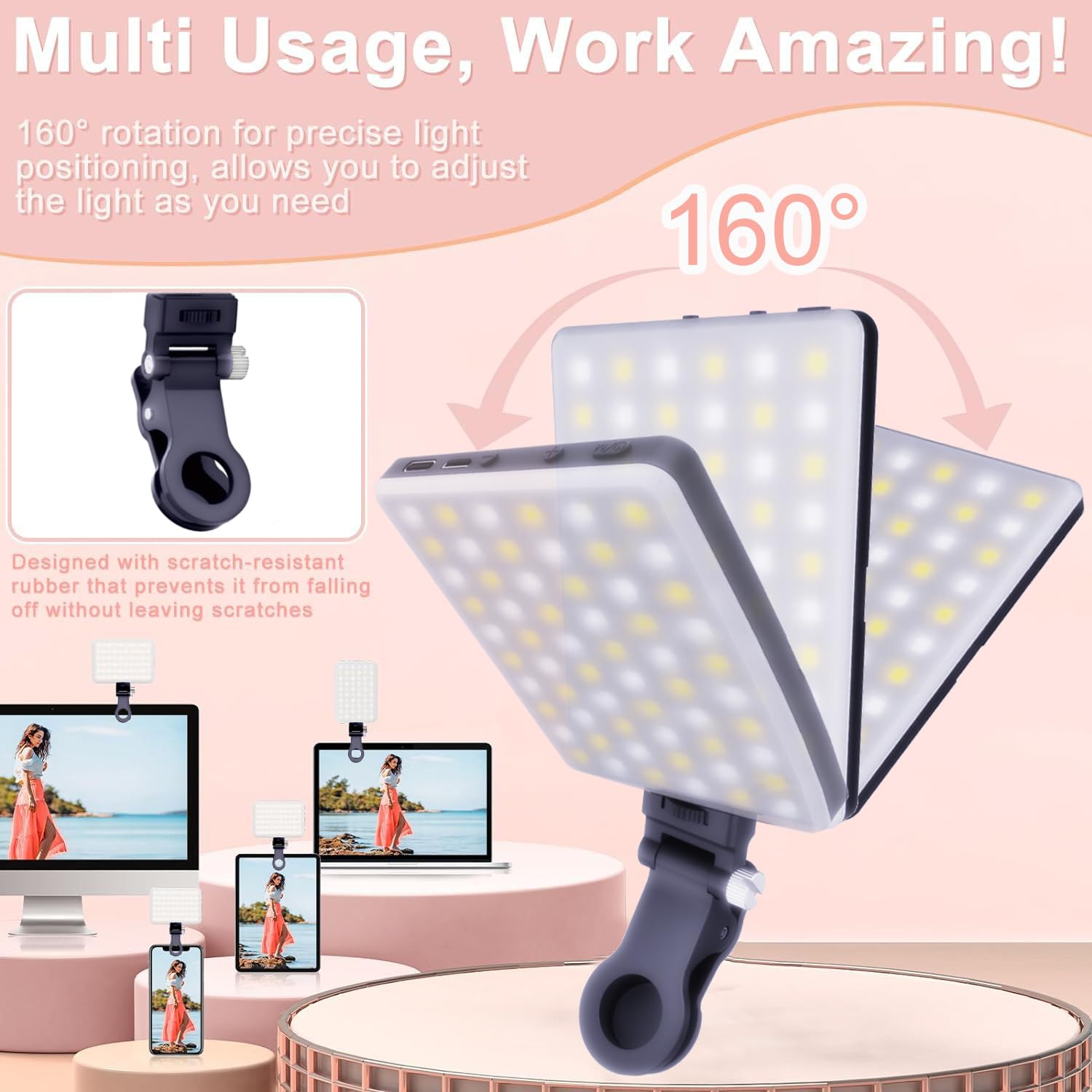 60 LEDs Selfie Light, 3 Lighting Modes, Rechargeable Clip on Phone/Laptop/Camera Light & CRI 97+ for Laptop/Phone, iPhone Camera, Video Conference, Youtube, TikTok, Makeup Vlog (Black) — view 5
