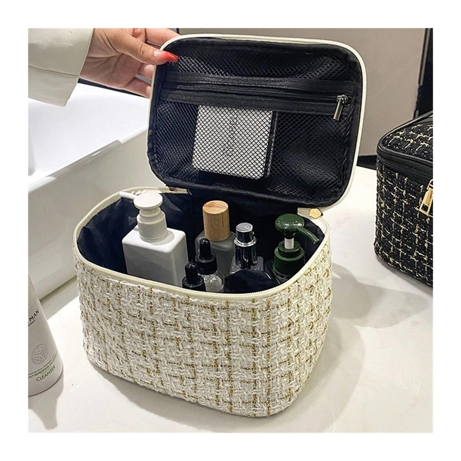 Bolsa Maquillaje Bolso de Mujer, Bolso de Maquillaje de Estilo Tejido, portátil, Bolsa de Maquillaje portátil, Bolsa de Almacenamiento Grande de Moda