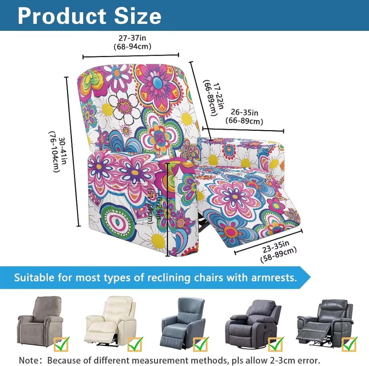 FOR U DESIGNS Hippie Flowers Stretch Recliner Covers 4-Piece Set for Single Seater Chew Resistant Fabric with Elastic Edges Easy Install Prevents Stains Pets Hair