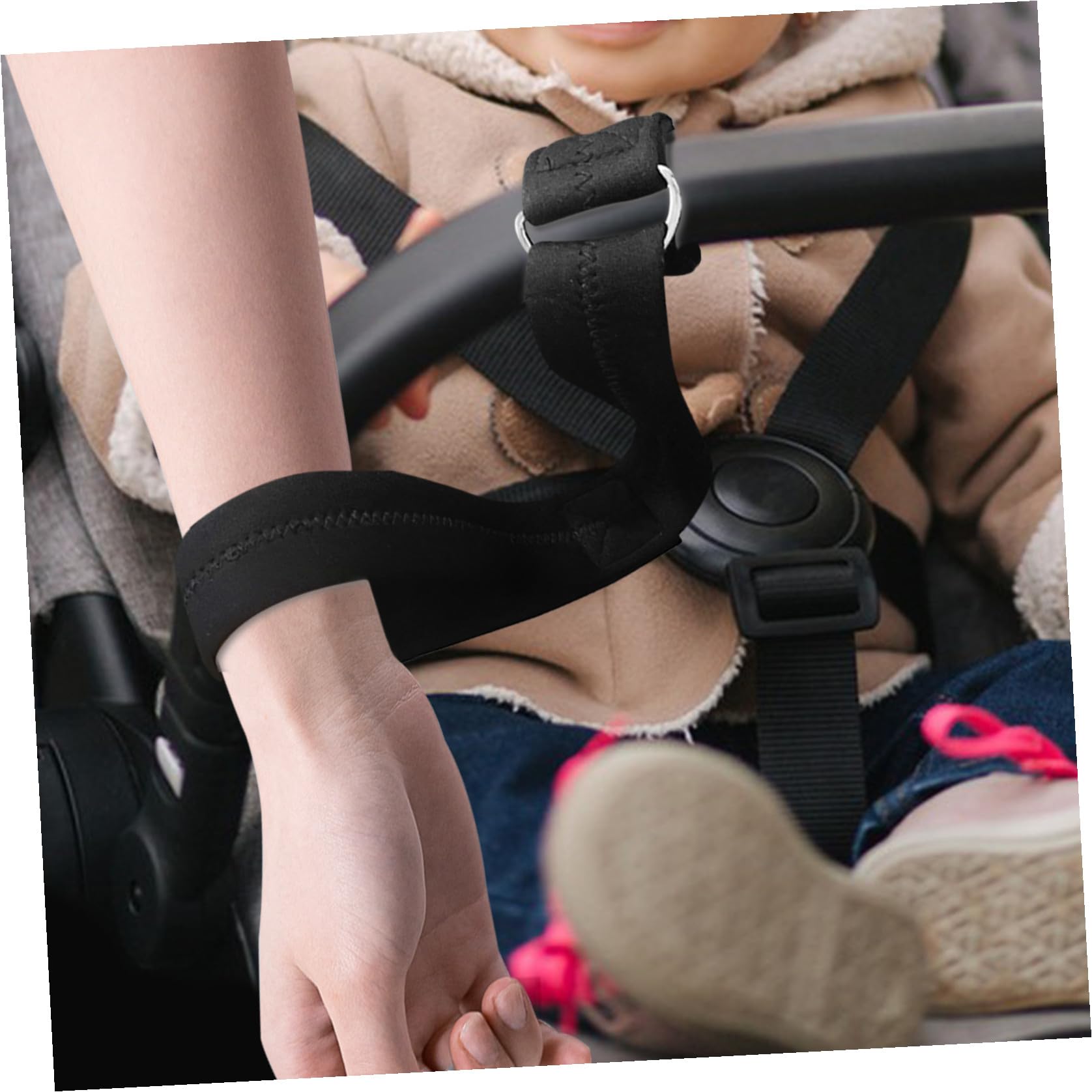 Cinturino di Sicurezza da Polso per Passeggino, Nero Neoprene | Antiscivolo, Supporto di Sicurezza per Stroller e Pushchair, Accessorio Compatto