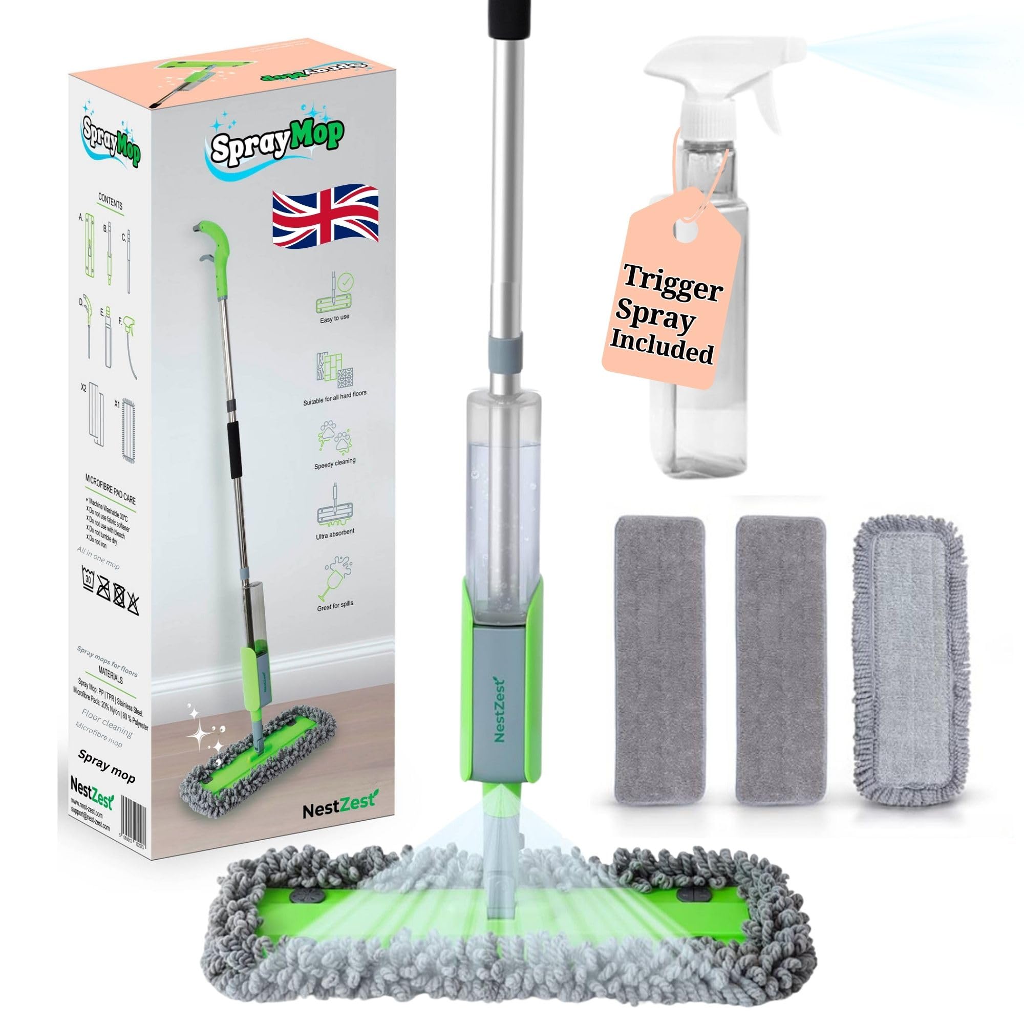 Nest Zest Spray Mop - Mops for cleaning floors | Spray mop with washable pads | Floor mop for hard floors, laminate, tile, wood, lvt, karndean. 3 washable and reusable microbre pads, Wet & dry use.