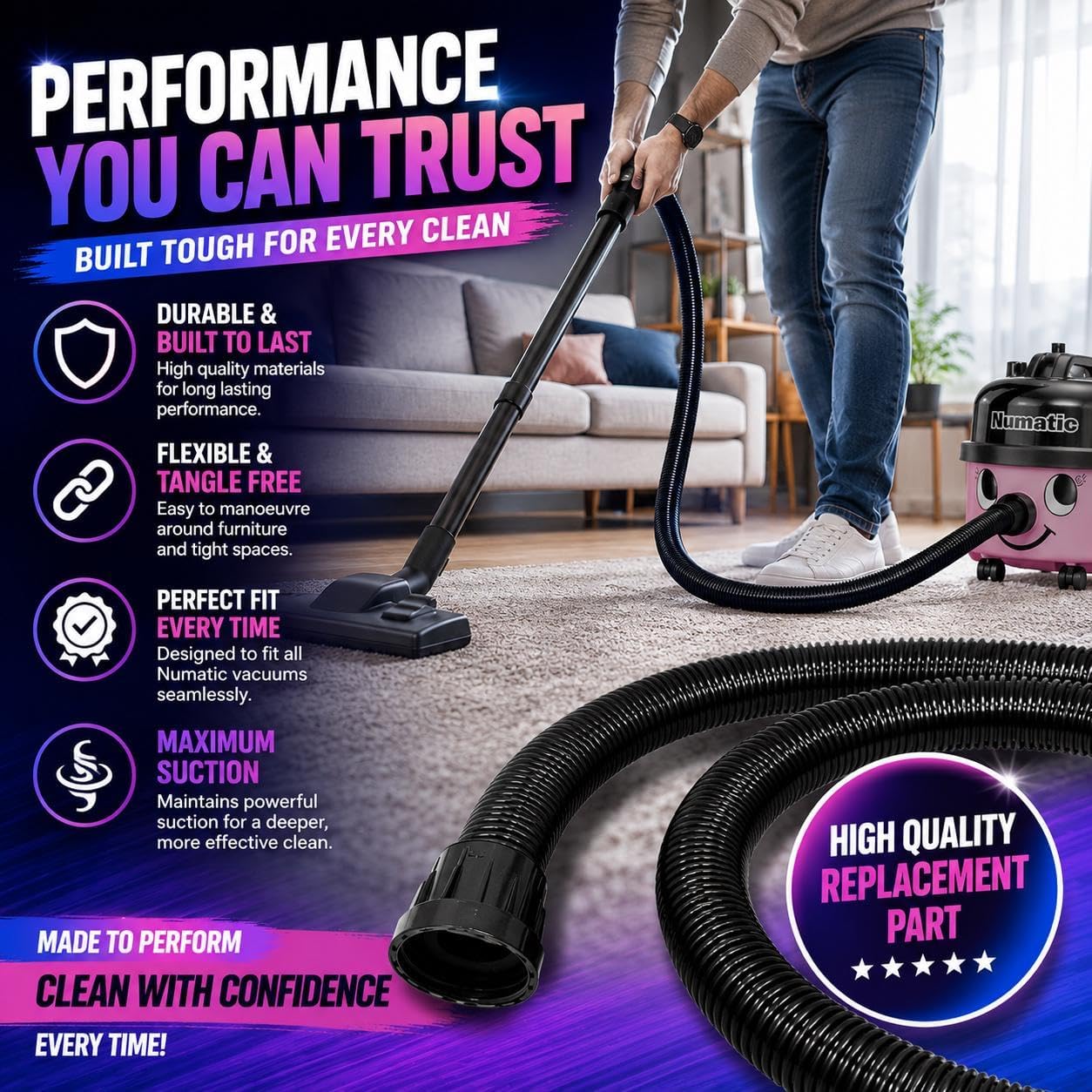 2.5m Vacuum Hose Replacement Compatible with Numatic Henry Cleaners | Fits Henry, Hetty, James, George & Basil