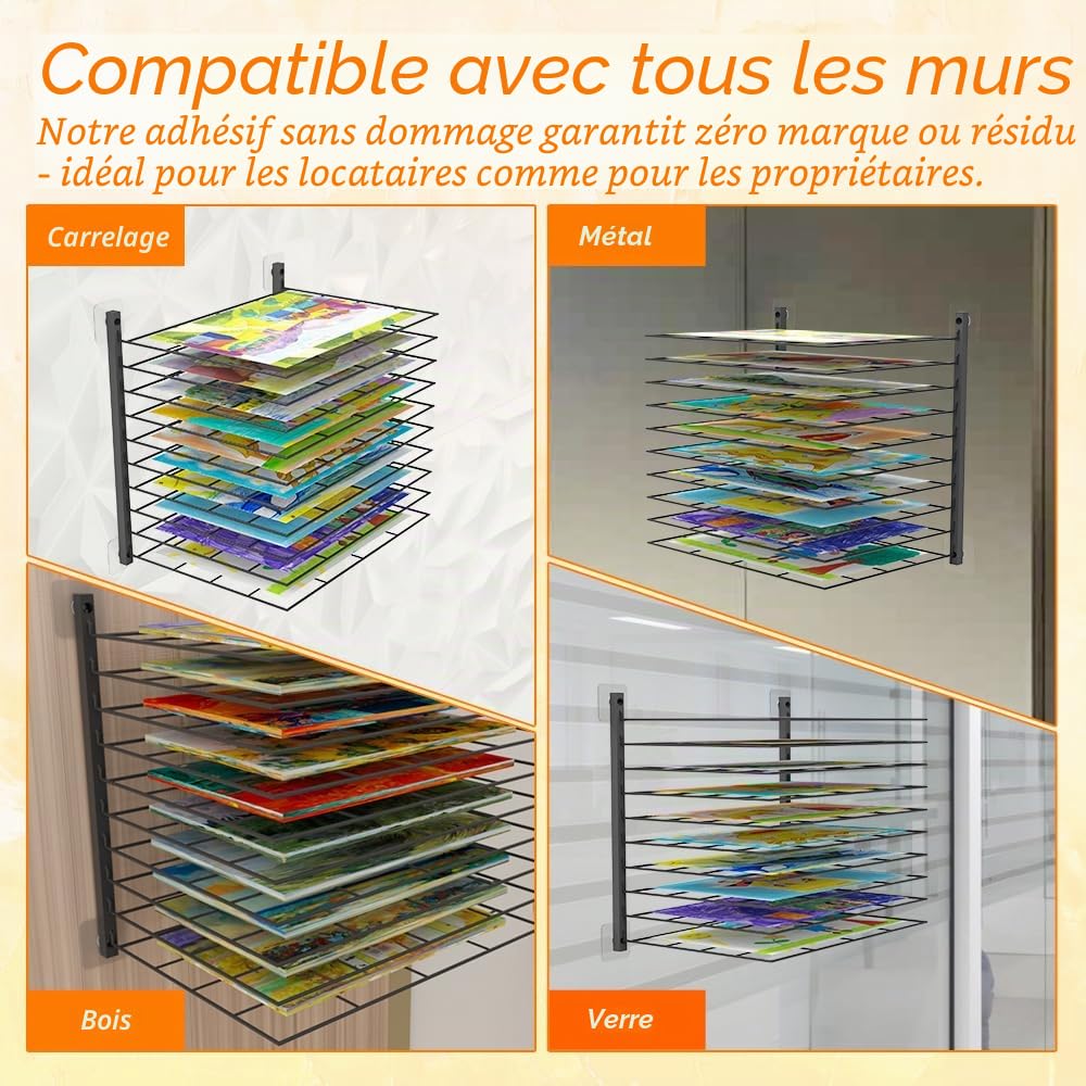 Étagère de séchage artistique, 10 étagères réglables, convient à tous les murs, support de séchage artistique pour salles de classe, studios et espaces créatifs