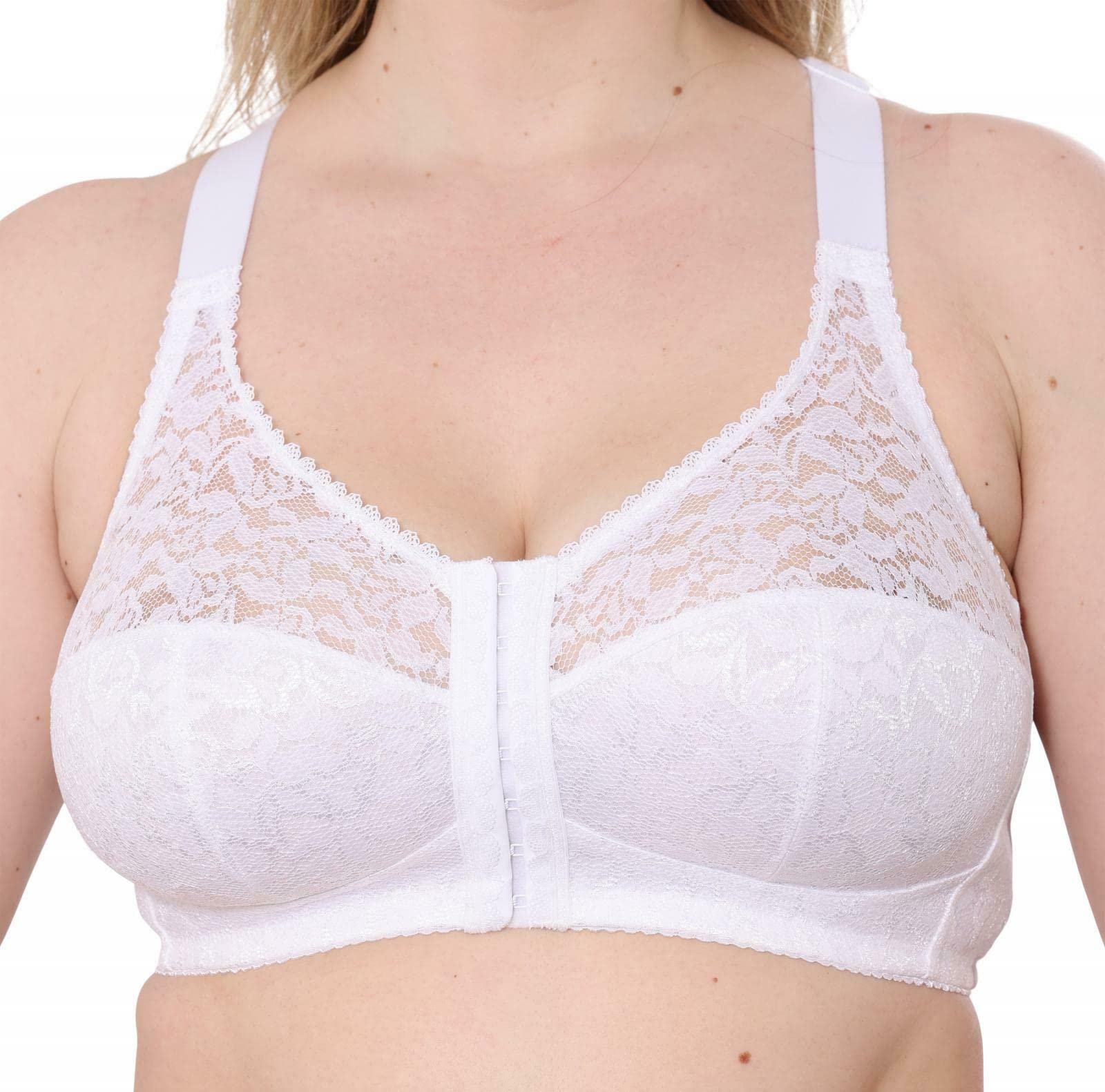 Gemm Women's White Front Fastening Cotton Rich Non Wired Firm Hold Lace Non Padded Bras (, 36F)