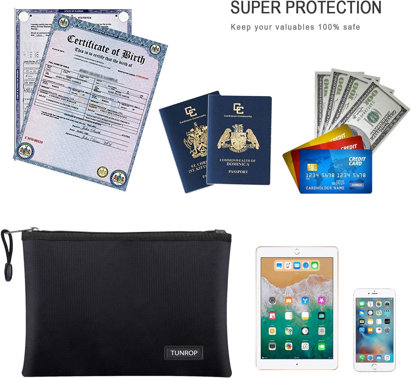 TUNROP Fireproof Document Bag,14.2”x 10.0”Waterproof and Fireproof Money Bag with Aluminum Foil Lining,Fireproof Safe Storage Pouch with Zipper for Document and Cash,Black - Image 4