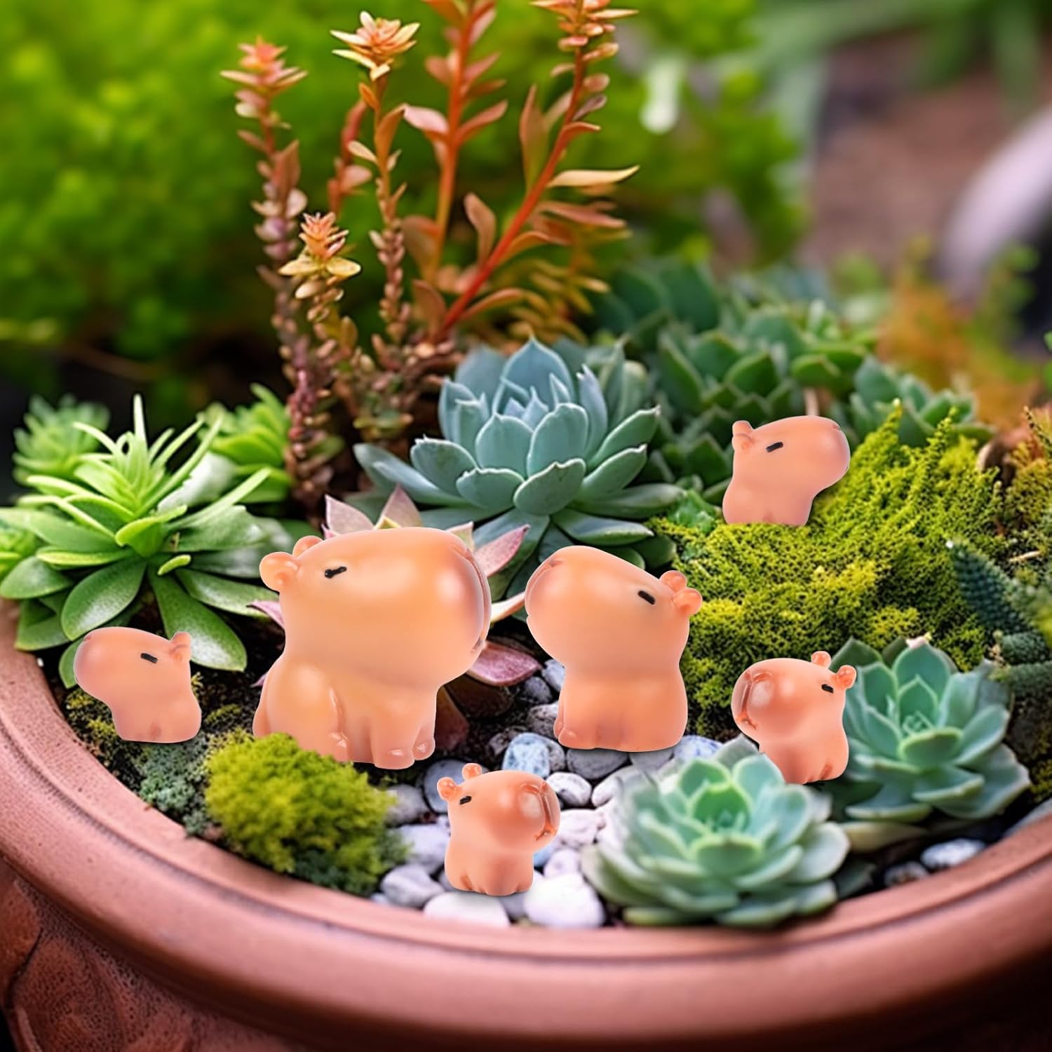 Capybara Family Figurines 6 Pieces Mini Capybara for Crafts Dollhouse Miniature Resin Animals for Fairy Garden Outdoor Decor Cake Toppers Decor