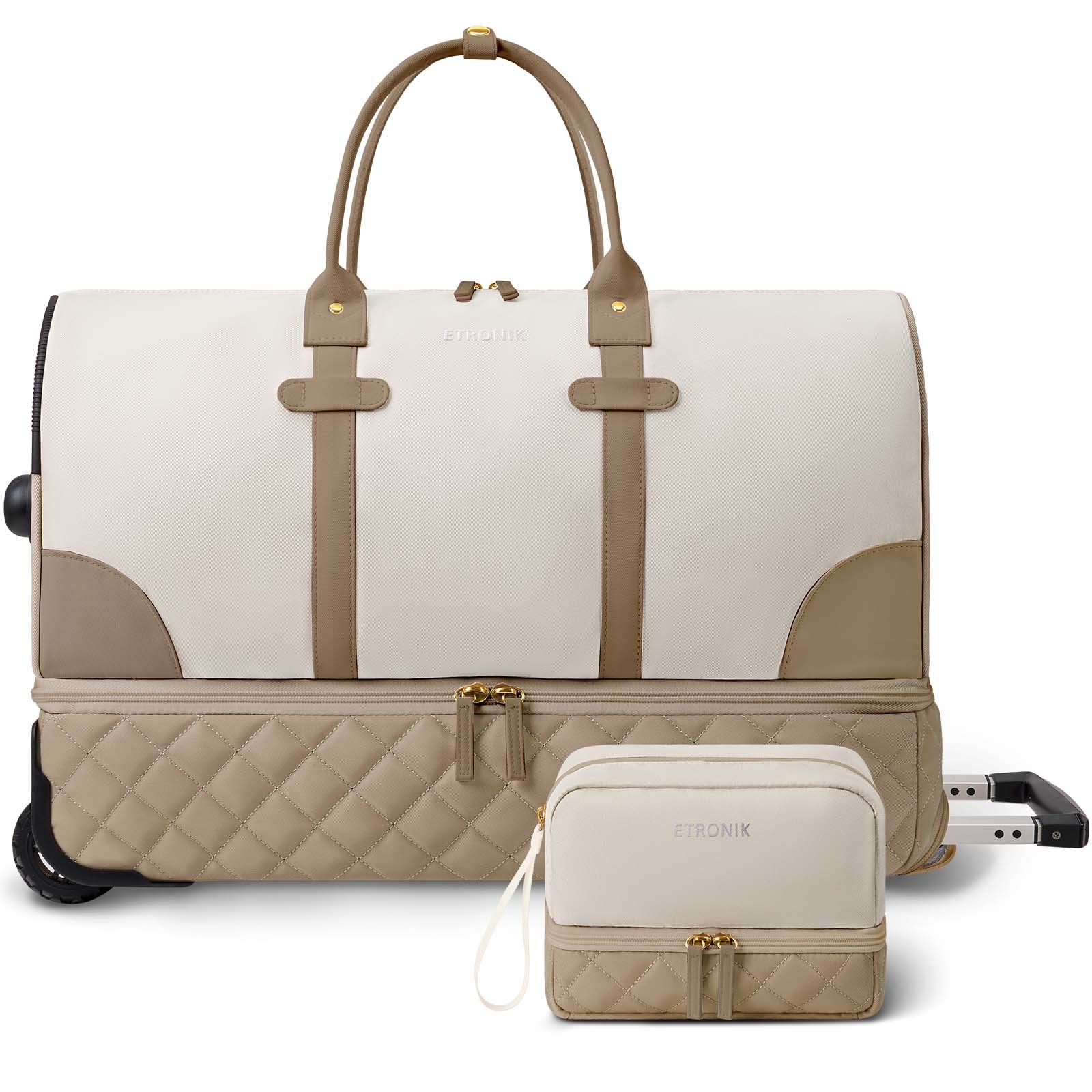 ETRONIK Rolling Duffle Bag with Wheels, 21 Inch Flight Approved Duffle Bag for Travel with Toiletry Bag, Carry on Luggage Overnight Bags for Women with Shoe Compartment, Khaki