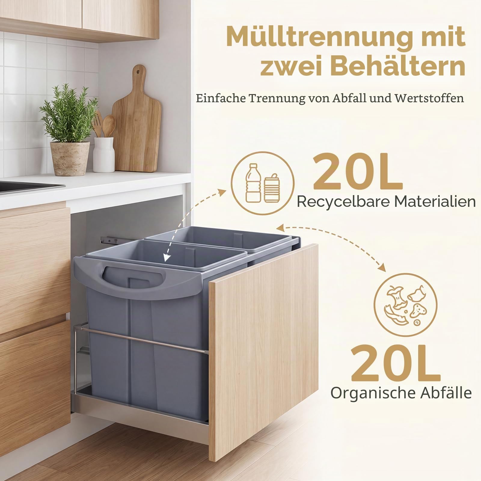 LIFEZEAL Abfallsammler 20L+20L, Ausziehbarer Einbaumülleimer für Unterschrank, Mülltrennsystem Küche mit 2 herausnehmbaren Fächern, Abfalleimer Mülleimer für Schränke, 50,5 x 33,5 x 41 cm, Grau