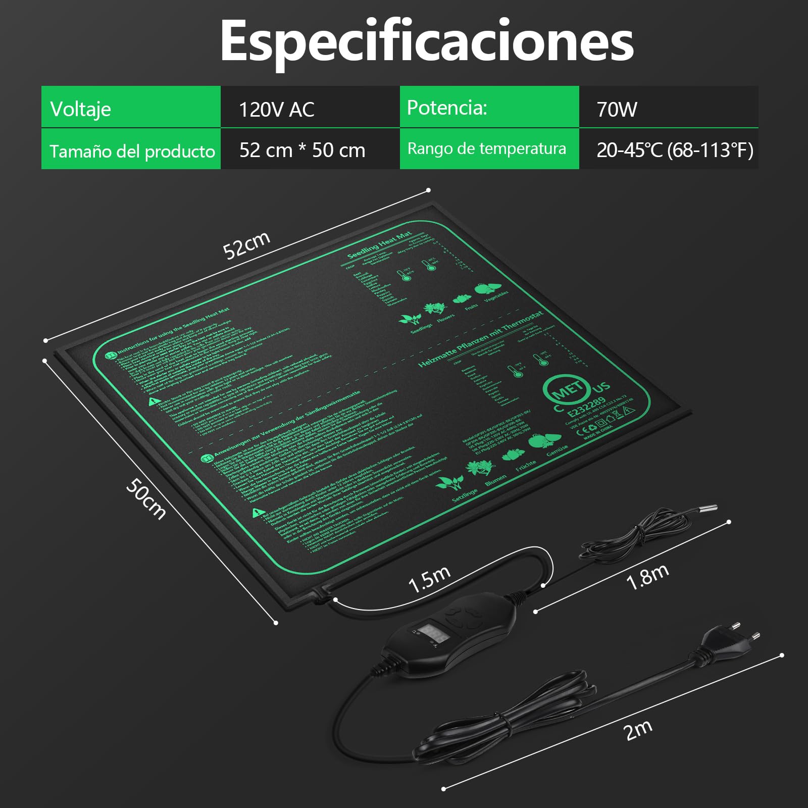 Estera Calefactora para Plantas con Termostato, 52 * 50cm Estera TéRmica para PláNtulas, 70W Almohadilla térmica para Plantas de Interior para Germinación, IP67 Impermeable