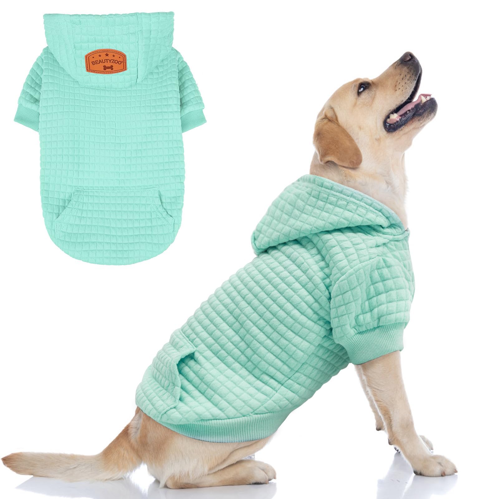 BEAUTYZOO Small Dog Hoodie Sweater with Pockets, Dog Clothes for Small Medium Dogs Boy Girl, Waffle-Like Laminated Cotton Pet Coats with Hat and Leash