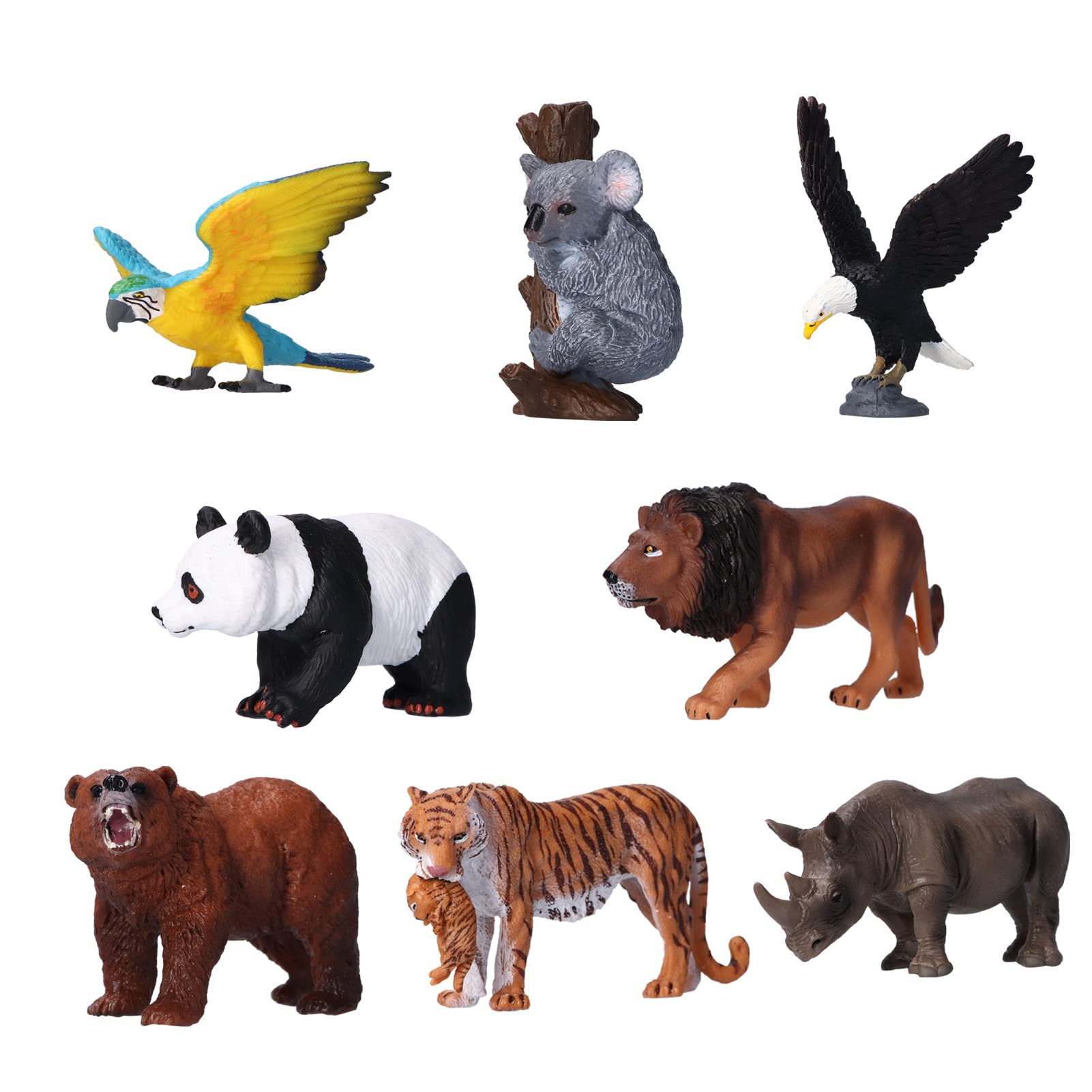 8 Piezas Figuras de Animales Salvajes Juguetes de plástico Animales de la Selva Conjunto de Juguetes con Tigre Koala Panda Guacamayo simulación educativa Safari para Bosque
