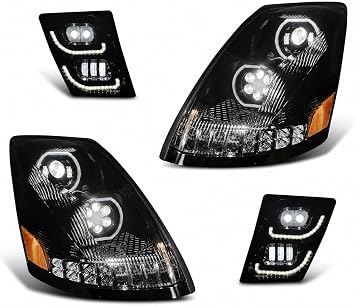 Full LED Performance Black Headlights w/Sequential Turn Signals + LED Fog Light LH RH Set Compatible with Volvo VNL 04-17