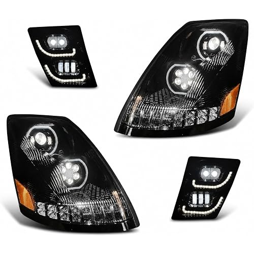 QSC Truck Parts Full LED Performance Black Headlights w/Sequential Turn Signals + LED Fog Light LH RH Set Compatible with Volvo VNL 04-17