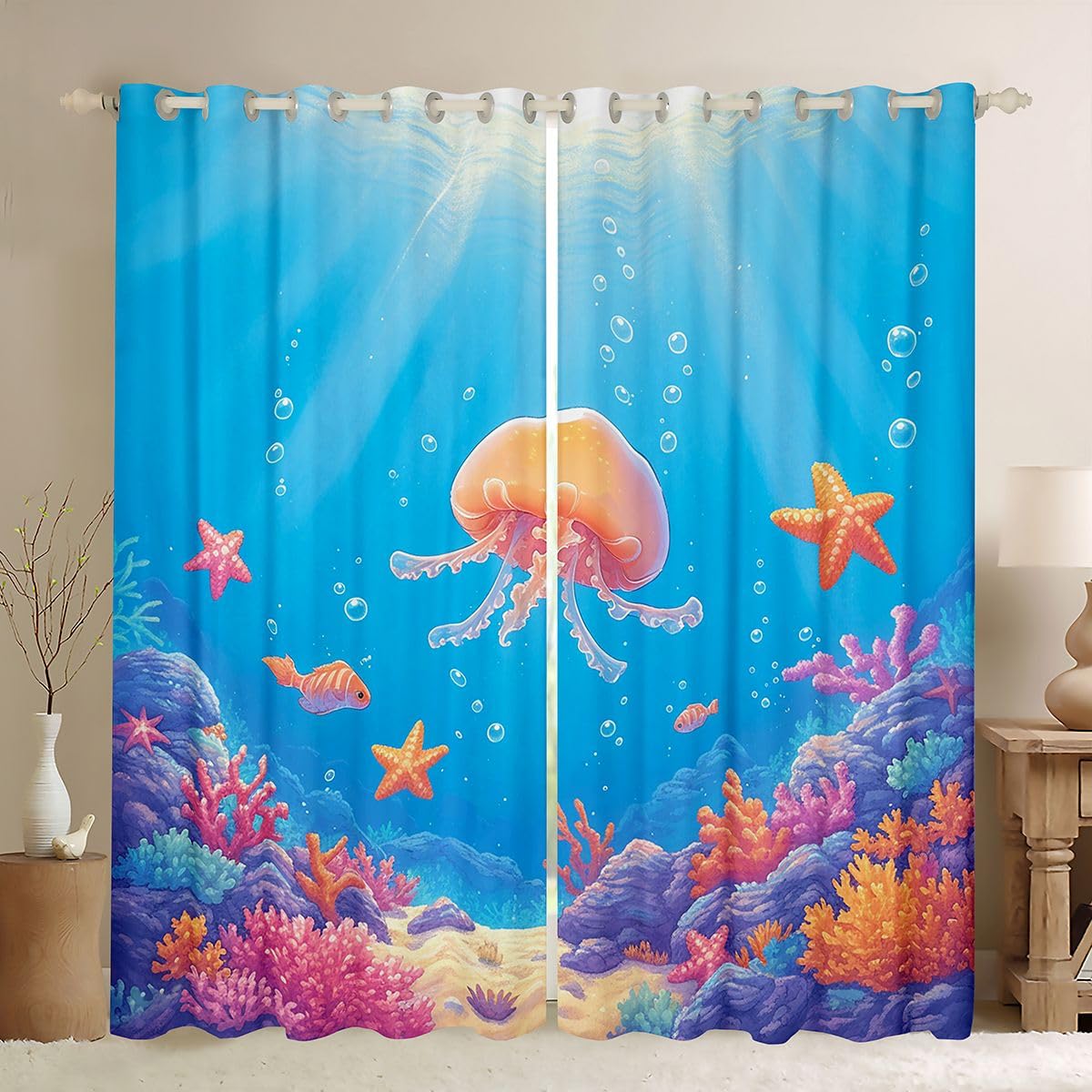Homemissing Tende oscuranti con meduse per camera da letto e soggiorno, barriera corallina, stelle marine, tende oscuranti a tema oceano, 2 pannelli 116 x 182 cm (larghezza x lunghezza), decorazione