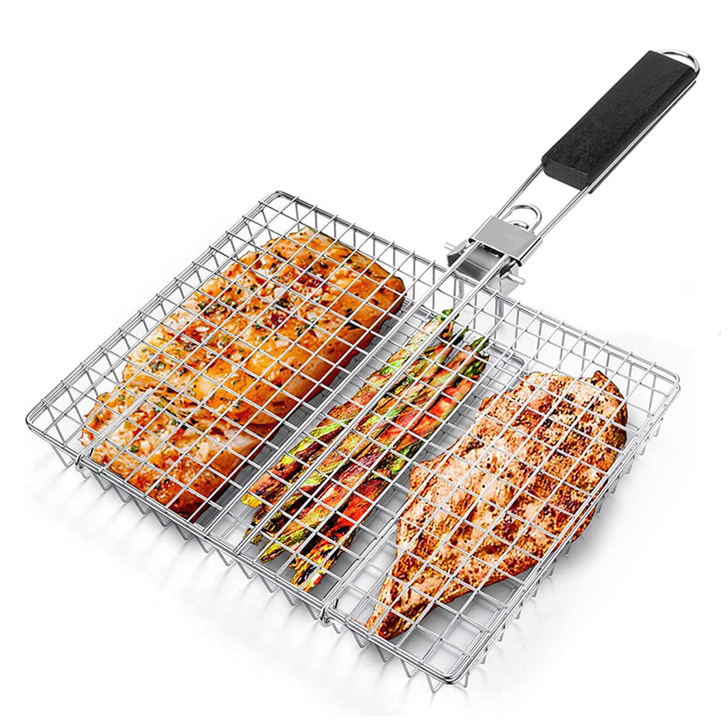 Panier Grille pour Barbecue, Panier à Rôtir à Poisson, Portable, Pliable avec Poignée, Accessoires de Barbecue, Grille de Barbecue Portable pour Poisson Légumes Steak de Crevettes(32 x 22,5 x 4 cm)