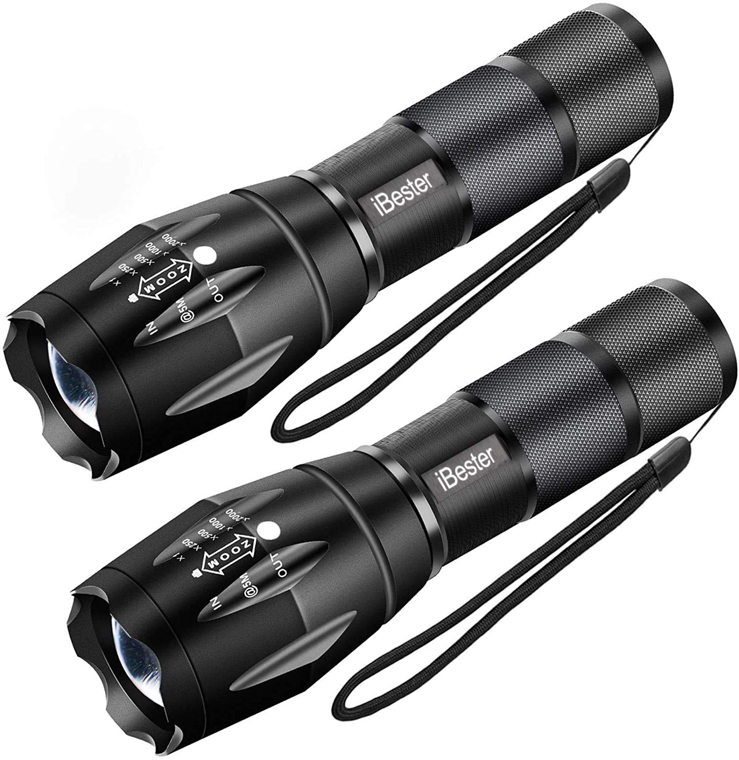 Tactical Flashlight, iBester XML-T6 LED Flashlight, High Lumen, Portable, Zoomable, 5 Modes, Water Resistant, Perfect for Camping, Outdoor, Emergency (2 Pack)