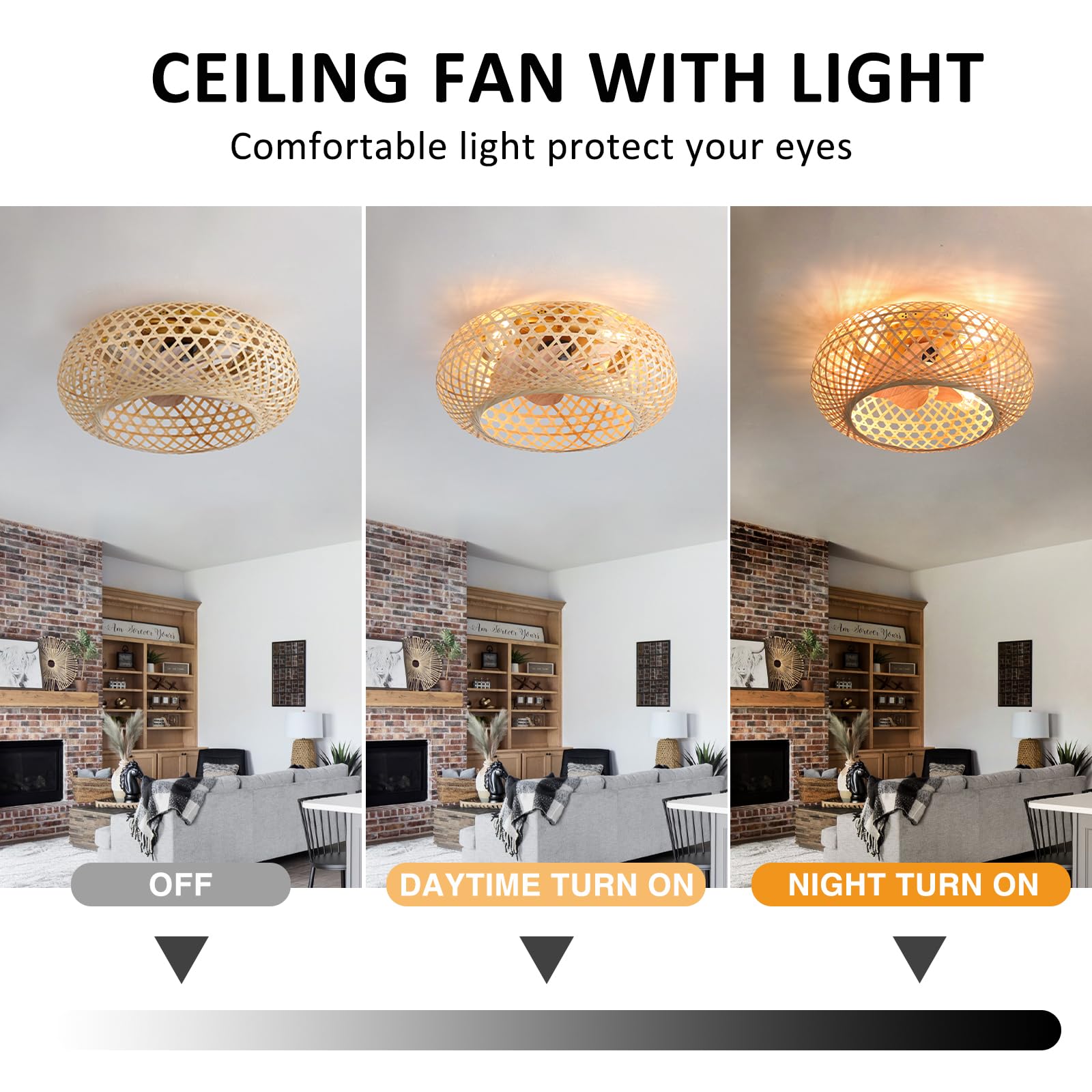 Bamboe Plafondventilator met Verlichting Vintage 6 Snelheden Stille Plafond Ventilator met Licht en Afstandsbediening met Timer Dimbaar Omkeerbare Slaapkamer Lamp Ventilator Plafond Woonkamer