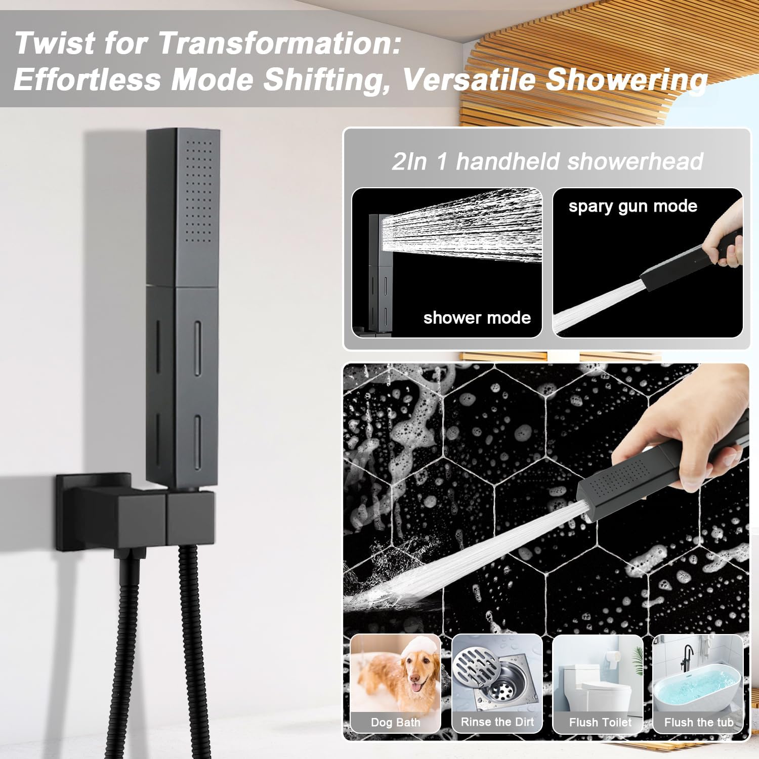 Enga Luxury Shower Faucet Set, Ceiling Mount 14x20 Inch LED Rain Shower Head with Dual Function Handheld Sprayer, Brass Shower Valve with LED Indicators Knob, Matte Black