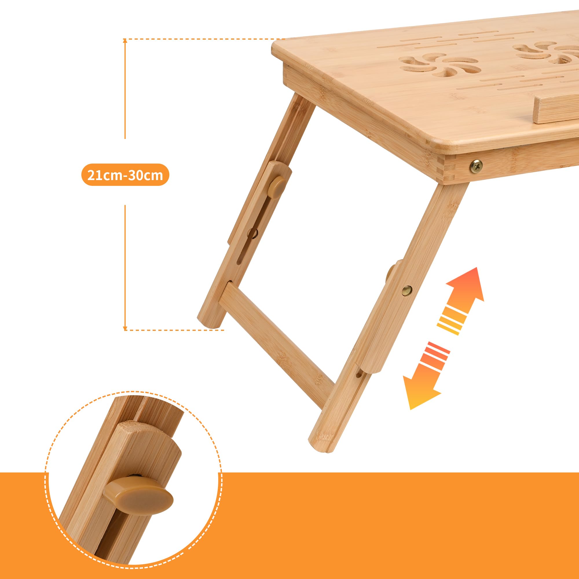 VASMIA Tavolino da Letto,Tavolo Pieghevole PC Portatile, Supporto con Altezza Regolabile in bambù,Vassoio Letto per Colazione, Lavorare, Leggere, Scrivere, Guardare Film, Naturale