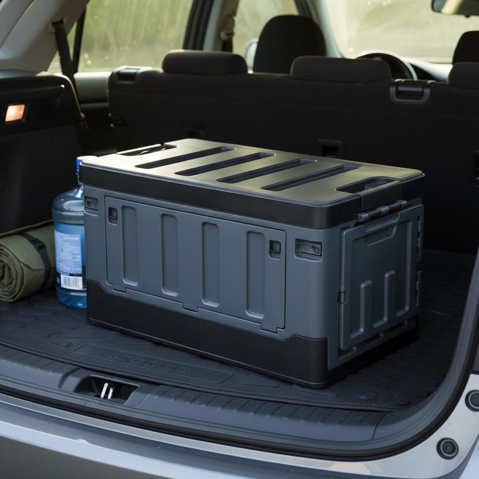 Qianly Aufbewahrungsbox mit Seitentür faltbar zusammenklappbare Kofferraumbox mehrere Fächer Faltbox für Camping, Upgrade-Trennung, Weißsilber, Seitenöffnung, Hoher Deckel, Groß, 80L