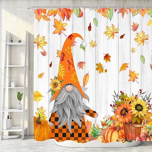 Miniatura 2 de Cortina de ducha de gnomo de otoño, cortina de baño de hojas de arce de Acción de Gracias, diseño de girasoles de madera rústica, juego de forro de