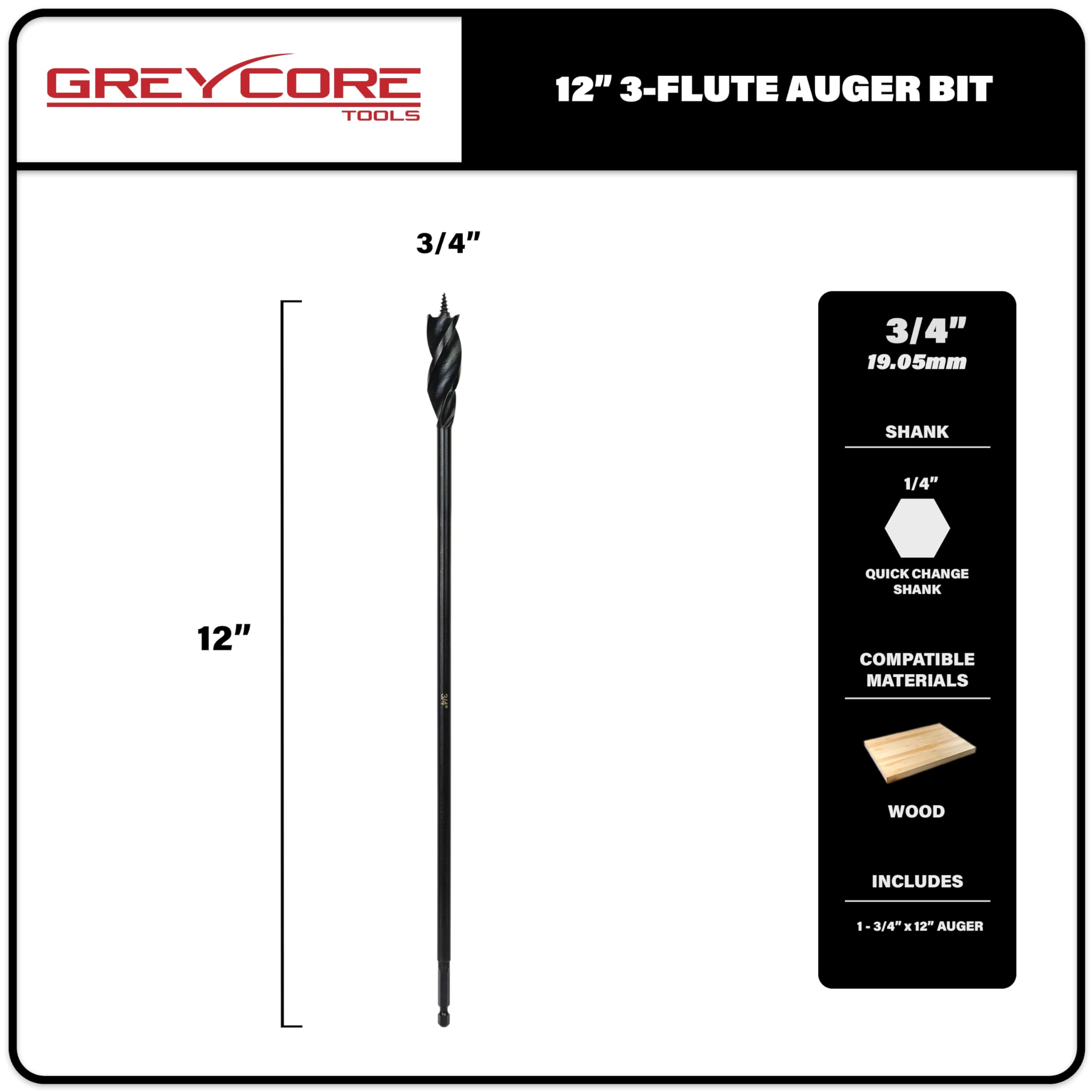 3/4 Inch x 12 Inch 3-Flute Auger Bit, Greycore Tools Wood Drill Bit for Hard and Soft Wood, 1/4” Quick Change Shank, Woodworking Auger Bits (3/4” x 12” Auger)