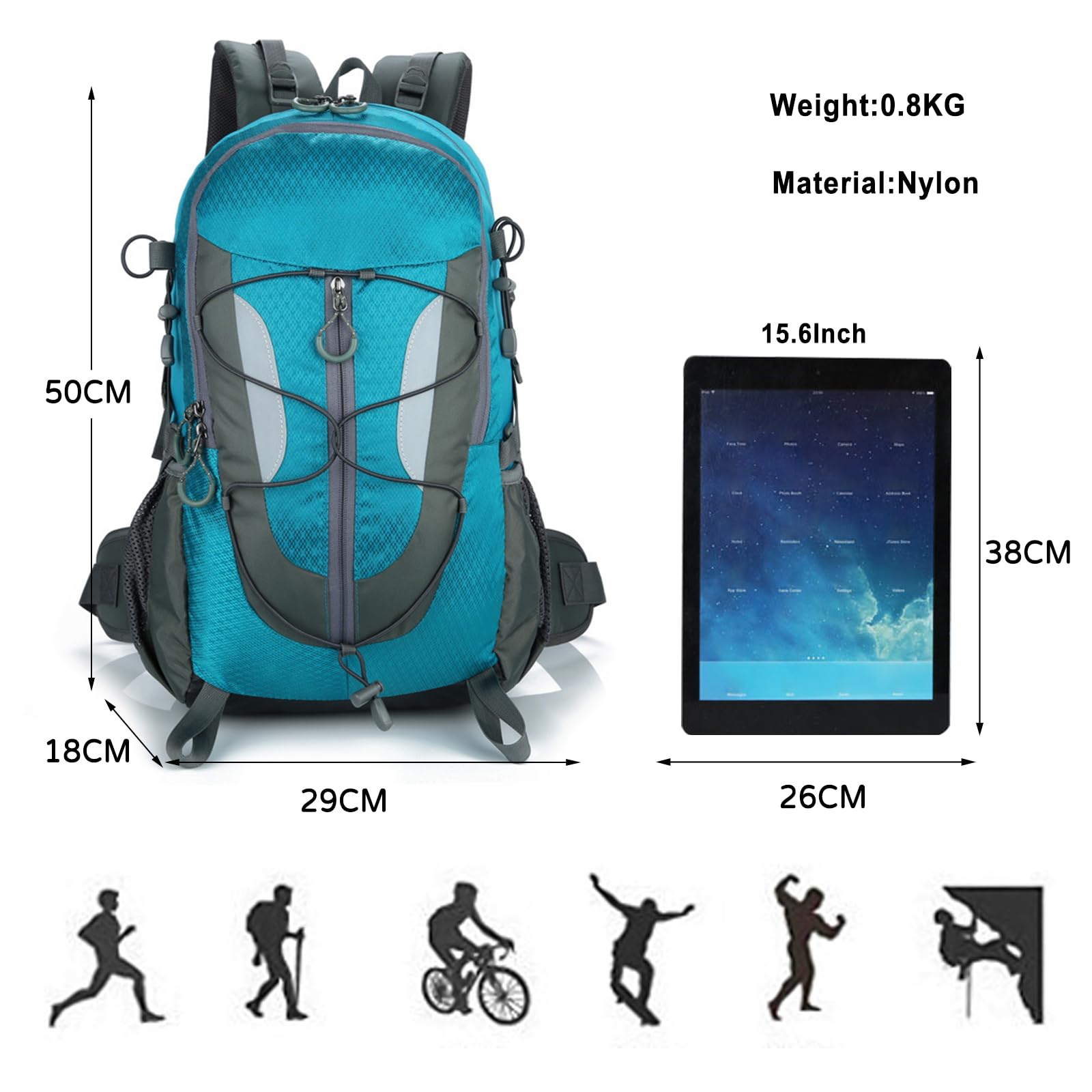 30L Plecak turystyczny Wodoodporny Plecak trekkingowy Wytrzymały plecak dla kobiet mężczyzn Kemping Wspinaczka Podróże Sporty outdoorowe Niebieski