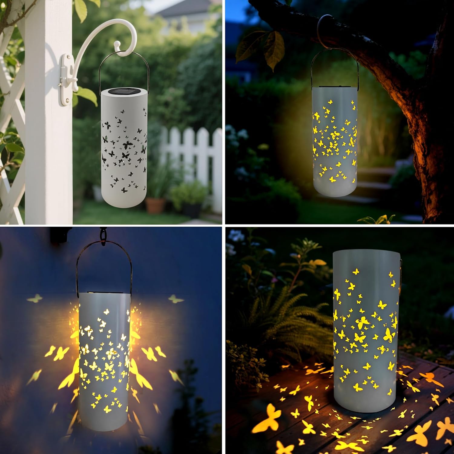 Solar Lanterns Outdoor Waterproof Hanging Butterfly Light Metal Tabletop Solar Lantern with Hollowed-Out Design for Yard, Patio, Backyard, Porch Table Decor Gifts(White Butterfly)