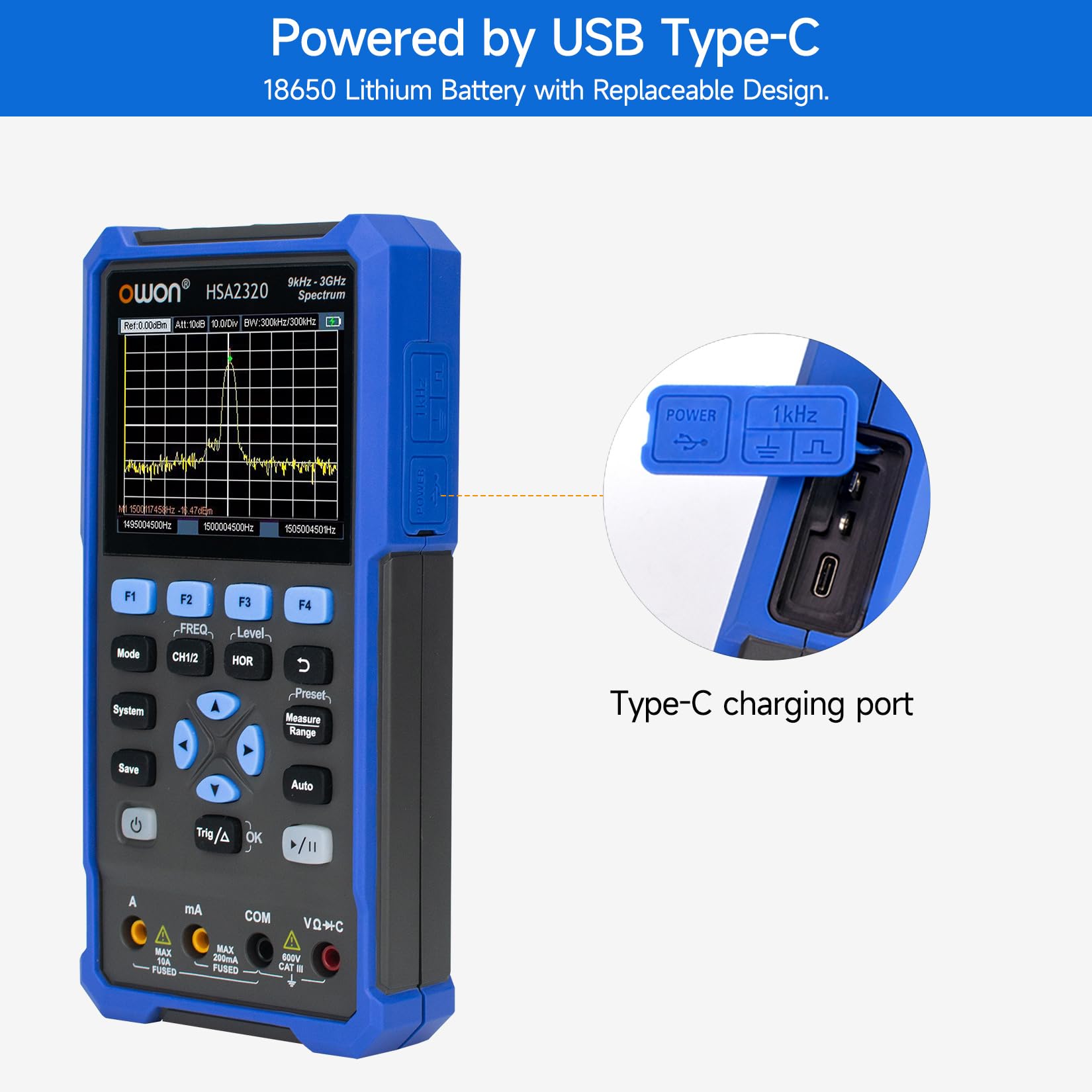 OWON Handheld-Spektrumanalysator mit Oszilloskop und Multimetern, Frequenzbereich 9 kHz bis 3 GHz, mit 3,5-Zoll-LCD-Bildschirmanzeige, 200 MHz Bandbreite, HSA2320