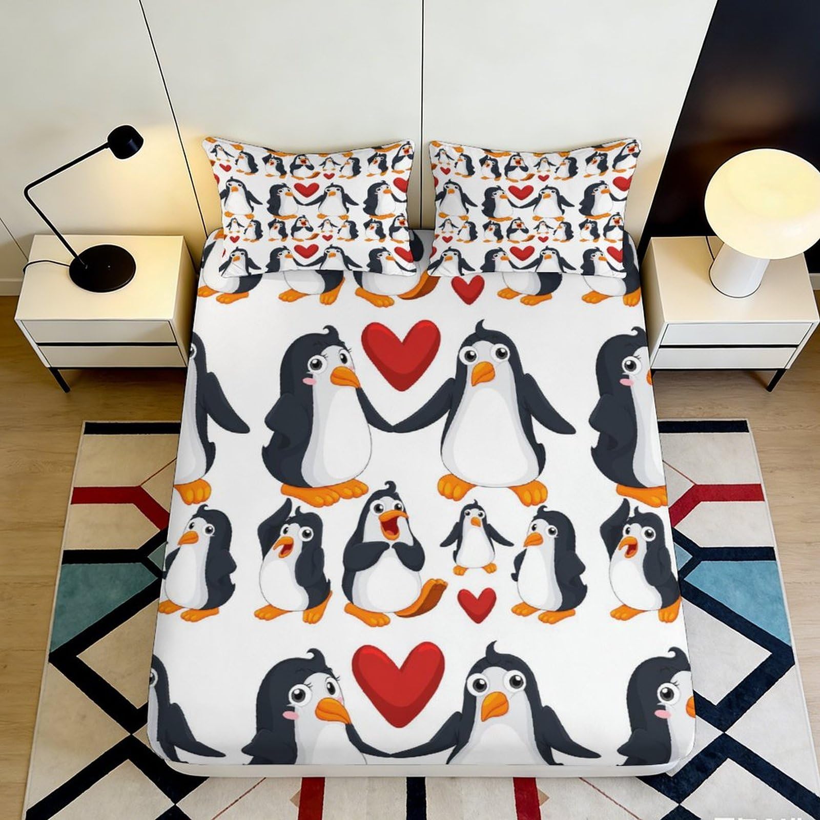 Pnayamiorkfel Style-4 3D Printed Cartoon Penguin Fitted Sheet Microfiber Soft Anti-Slip Heart Bed Cover For Bedroom Dorm Mattress Decor 90X200x25cm
