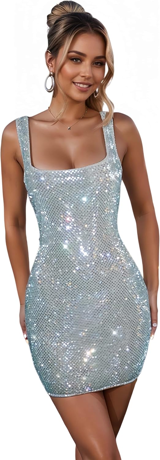 Women's Sparkling Rhinestone Mesh Bodycon Dress for Holiday Party,Clubwear