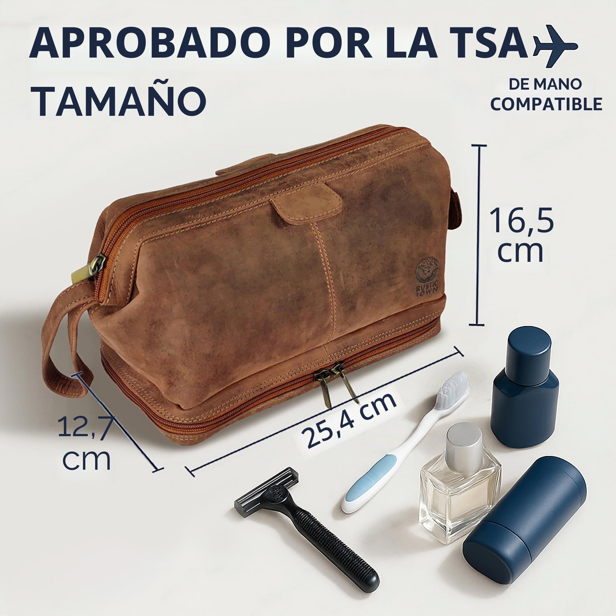 Neceser de Cuero para Hombres - Kit de Afeitado de Viaje - Organizador de artículos de tocador para Ducha de baño - Neceser de Maquillaje para Mujeres de Rustic Town