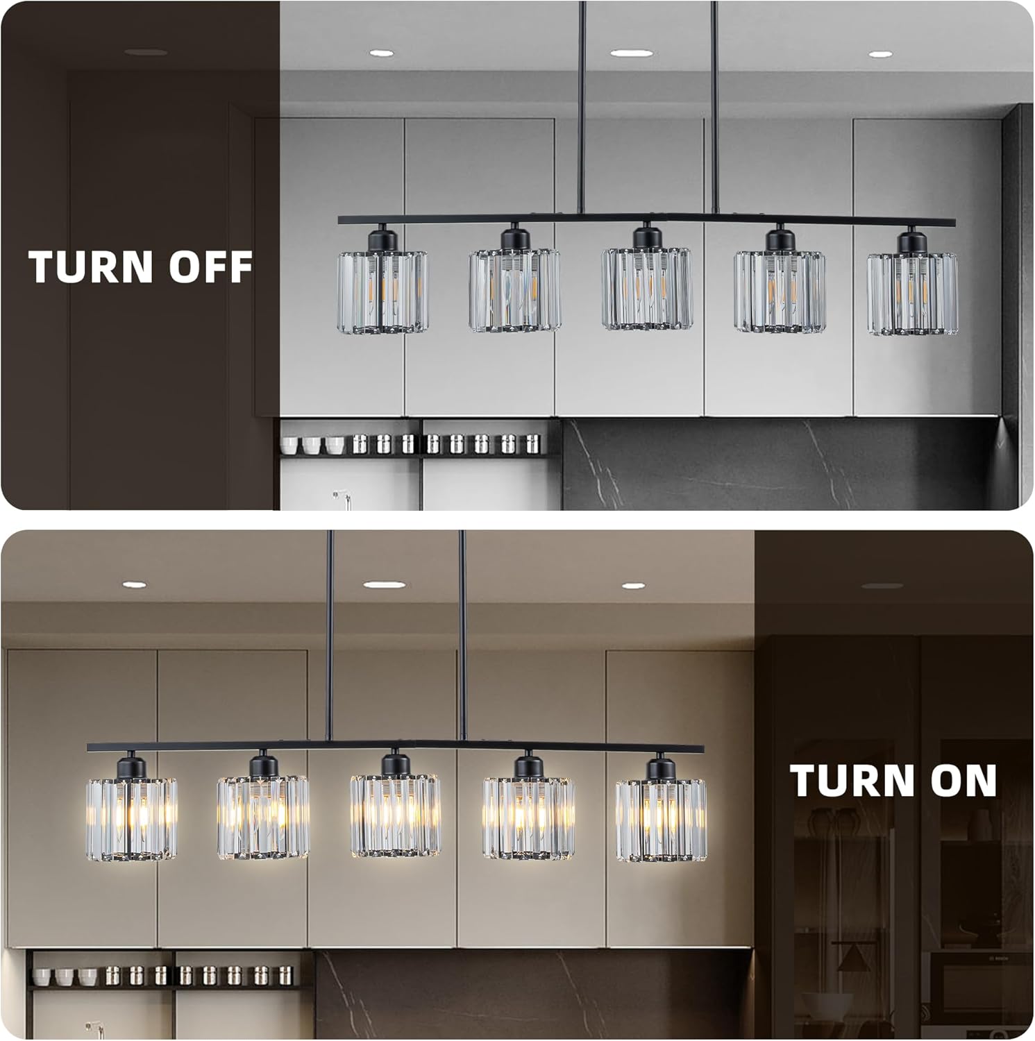 Luxury Crystal Island Lights 5-Light Linear Pendant Kitchen Island Chandelier Lighting for Dining Room Light Fixture Matte Black Finish with Glass Shade 36" L