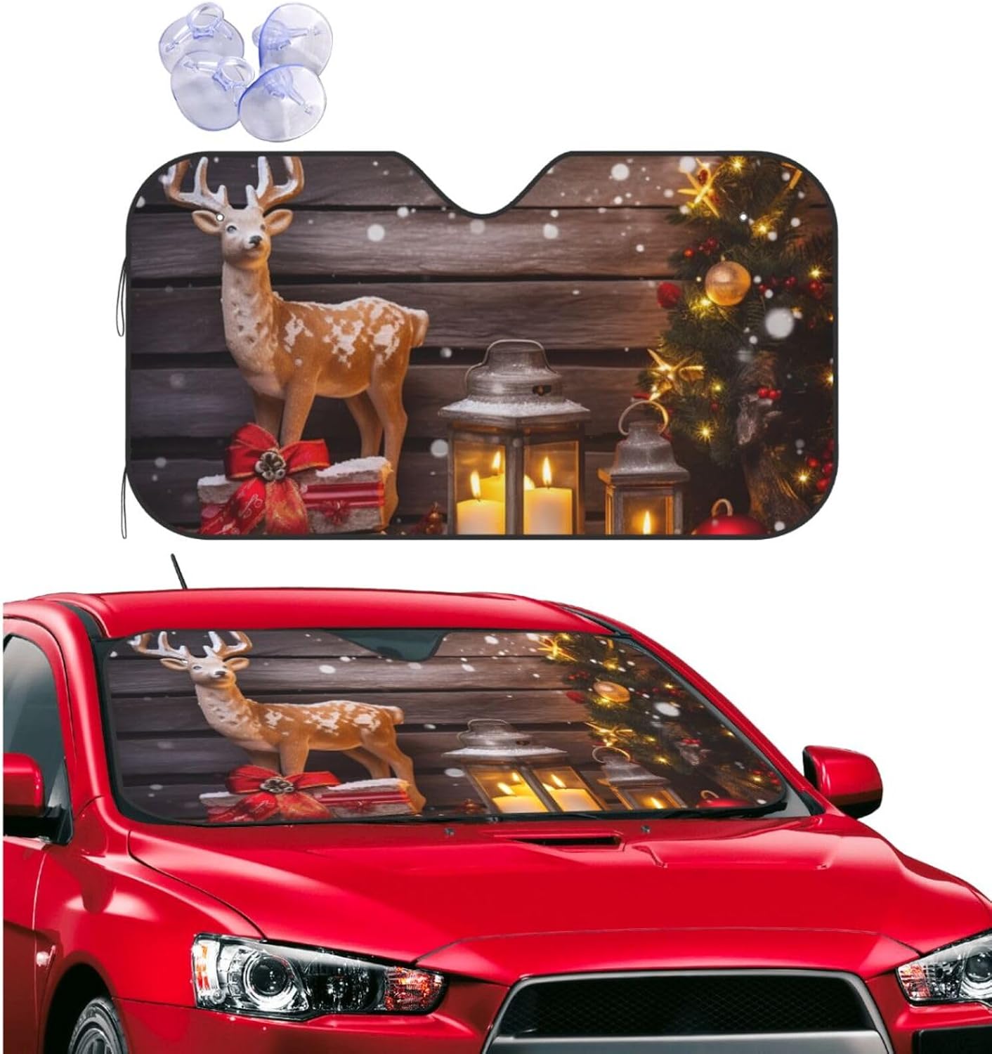 Merry Christmas Wooden Board Candle Deer Car Windshield Sun Shade Foldable Uv Ray Sun Visor Protector Sunshade Car Front Window Covers Car Accessories Keeps Your Vehicle Cool 51x27.5 Inch