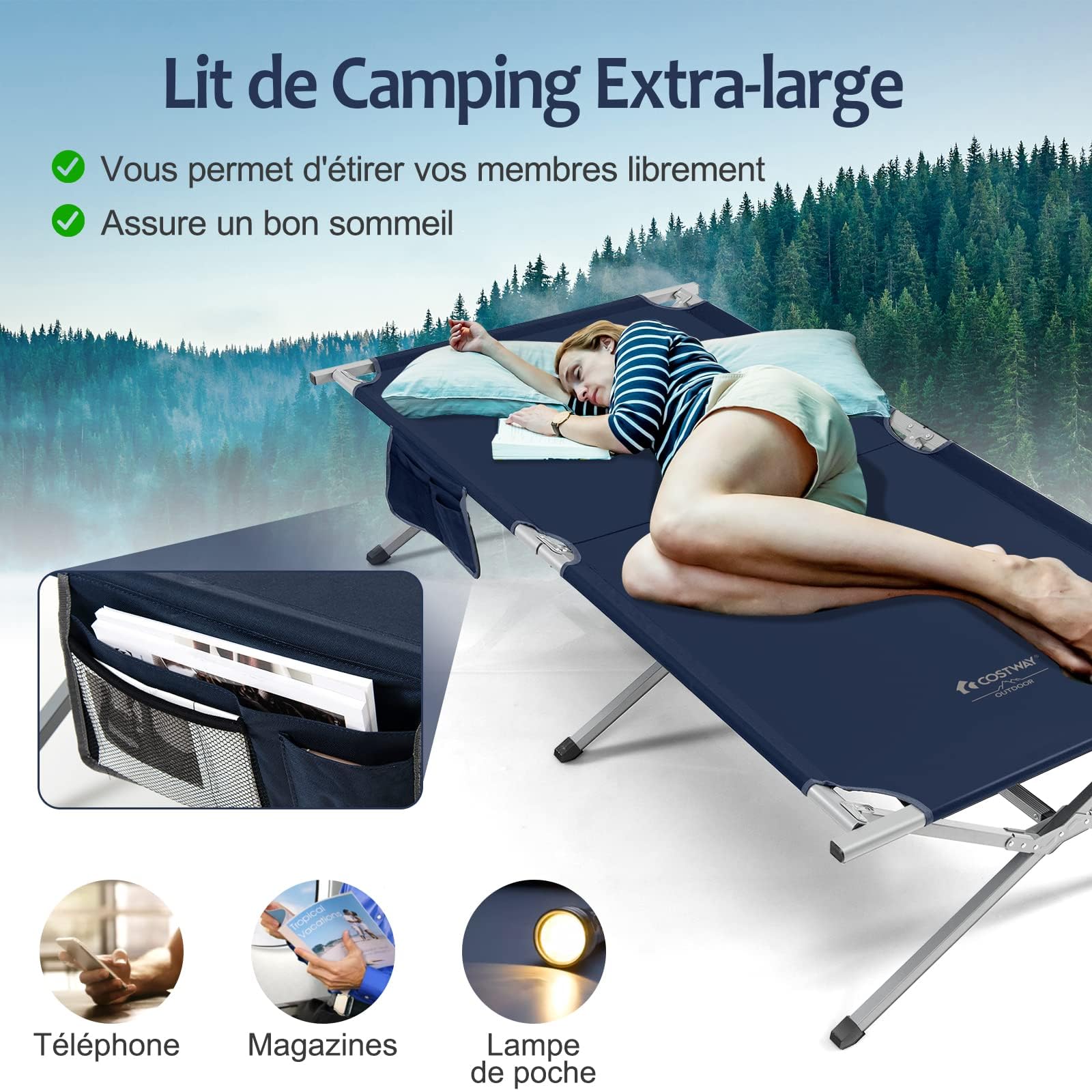 GOPLUS Lit de Camping Pliant, Lit de Camp 1Personne Extra Large avec Poche de Rangement et Sac de Transport, 106x215x49CM, Charge 150KG (Fer)