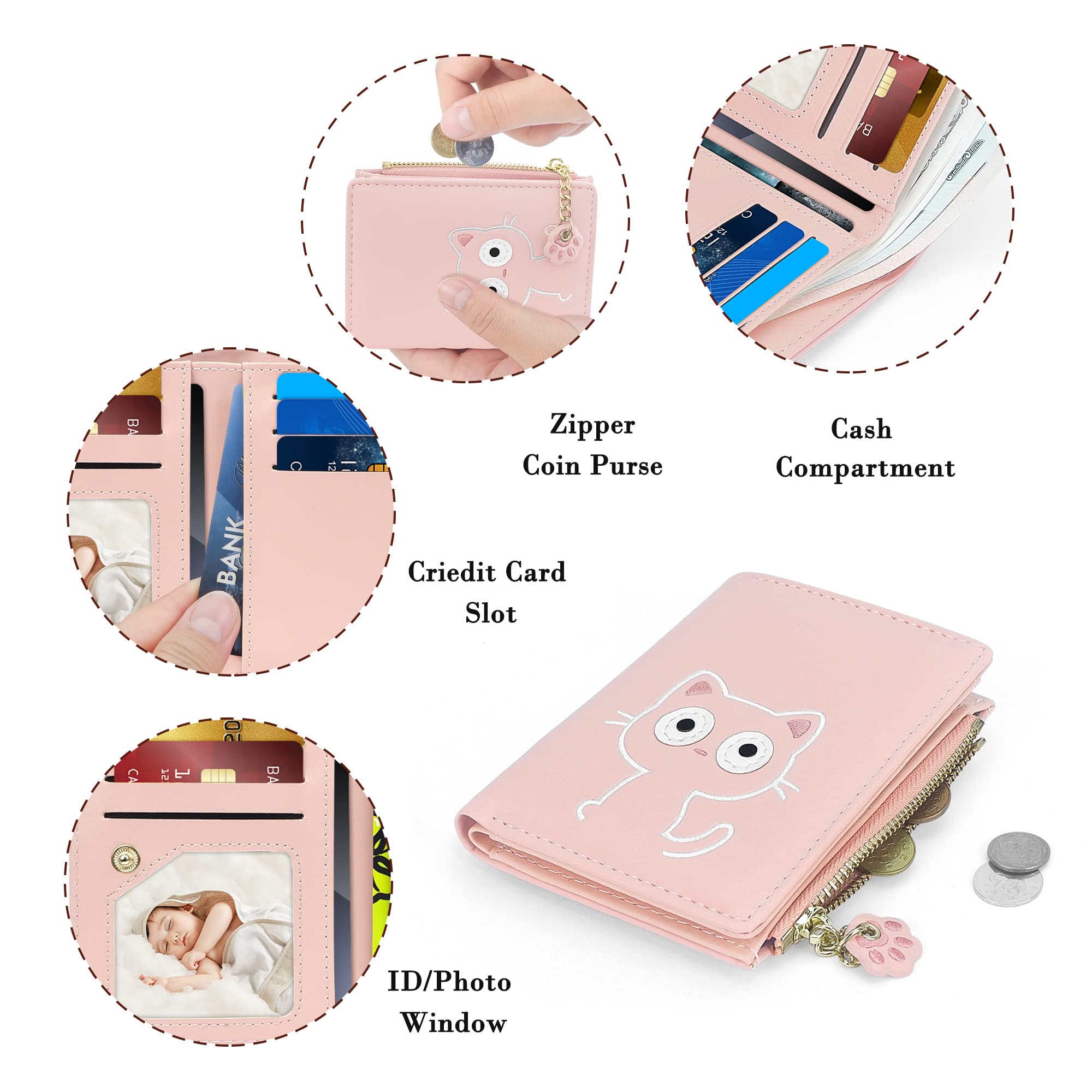 SNCCJ Portafoglio Donna Piccolo Carino, Portafoglio Sottile con Cerniera Portamonete e Bloccaggio RFID per Donna e Ragazza (Gatto Rosa)