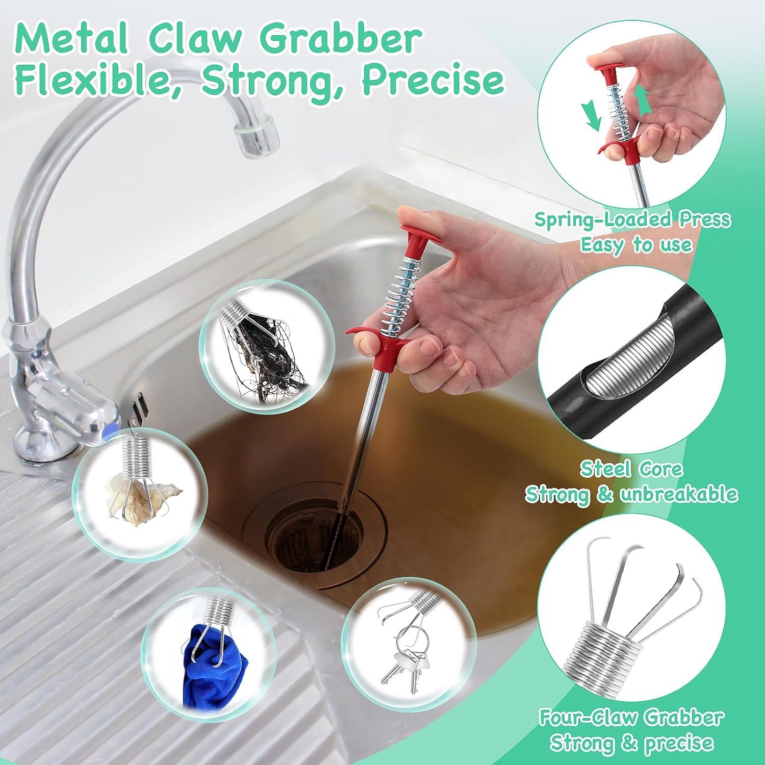 18PCS Drain Clog Remover Tool Set – 59” Drain Snake (2), Snake Drain Hair Removal Tool, 25” Plumbing Snake (4), 24” Sink Snake (1), 18” Sink Drain Cleaner Tool (1), Straw Cleaning Brushes (10)