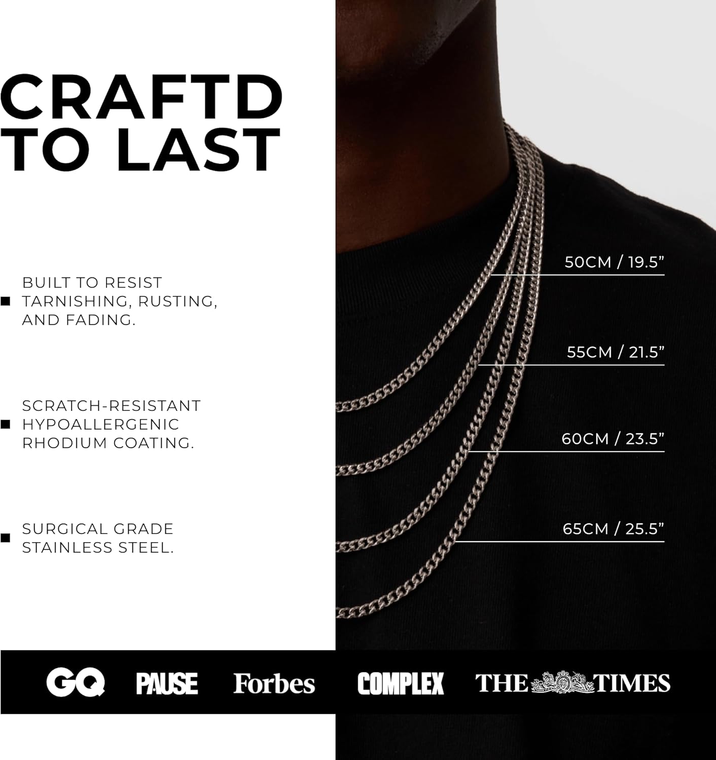 CRAFTD - Silver Cuban Link Chain - Durable Rhodium & 316L Stainless Steel - Waterproof, Heat & Sweat Resistant - Gifts for Men - Men's Jewelry