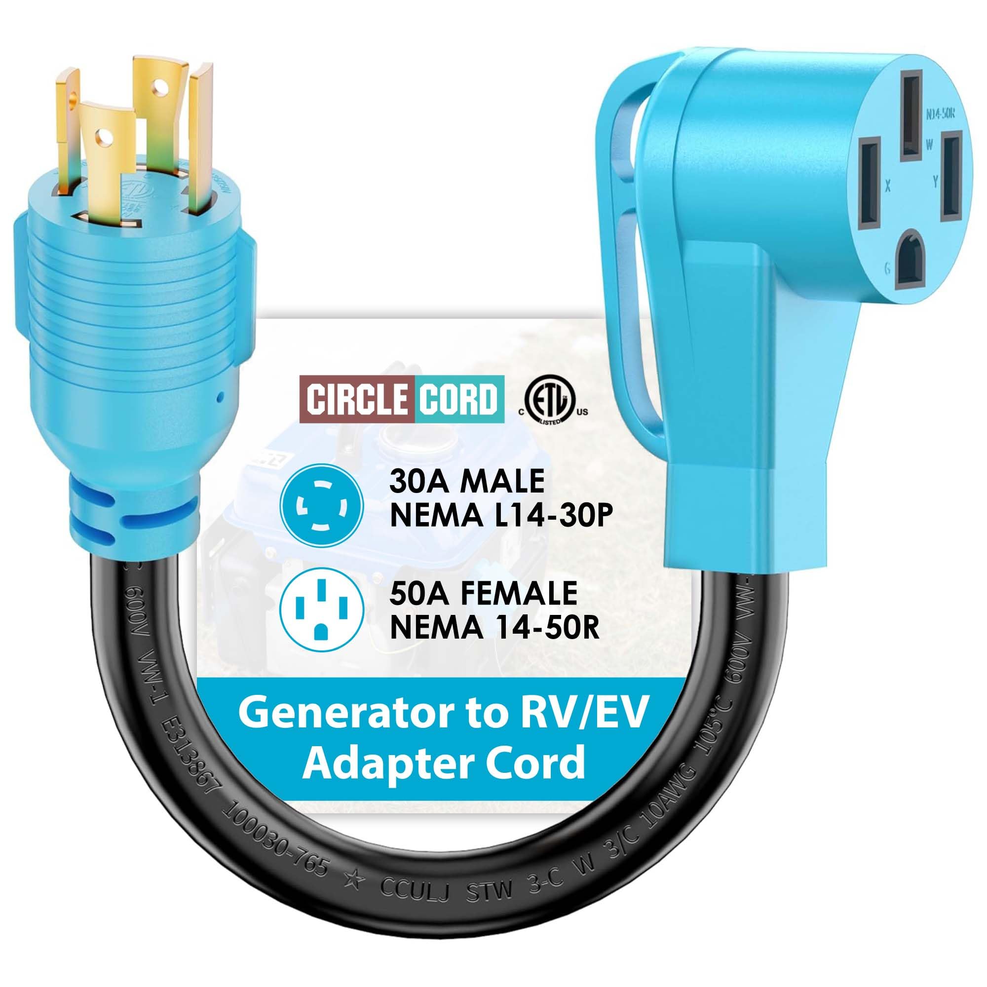 CircleCord 4 Prong 30 Amp to 50 Amp Generator to RV/EV Adapter Cord