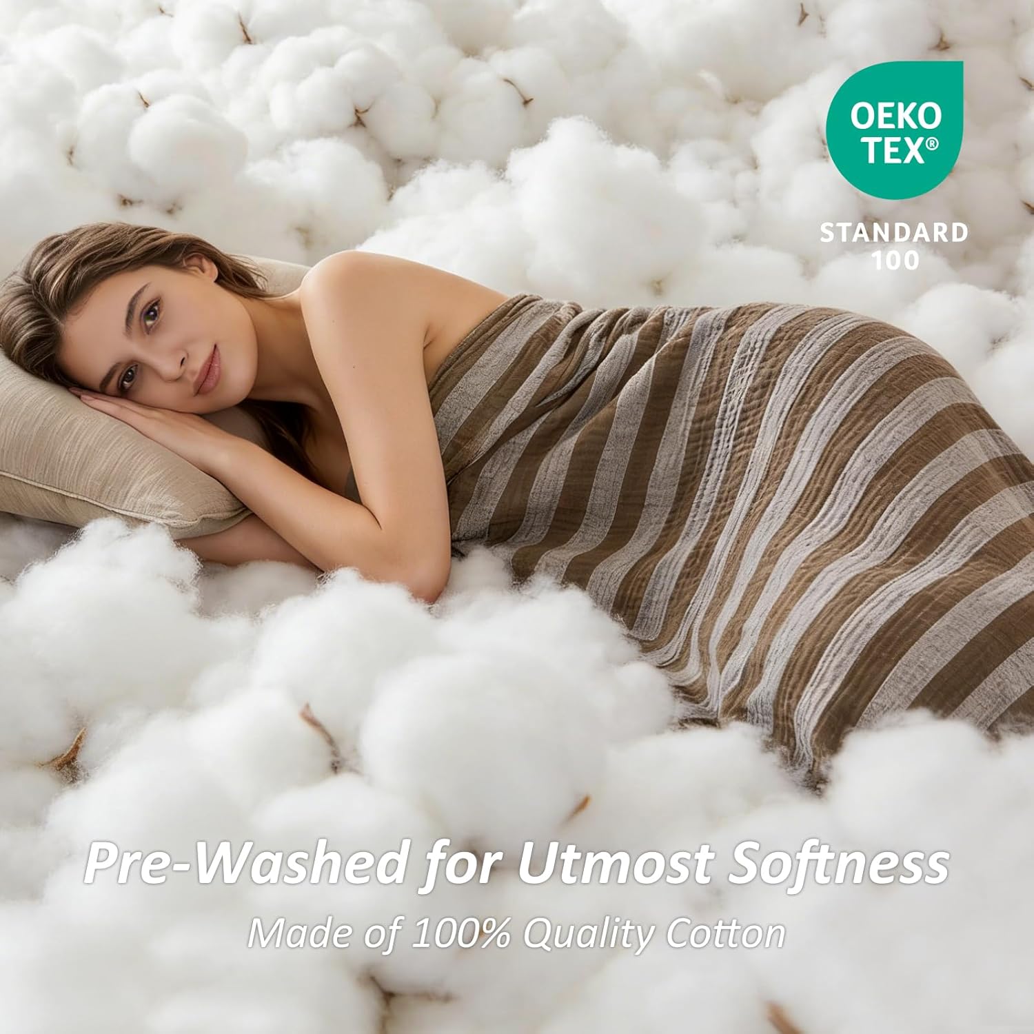 EMME Cotton Muslin Large Throw Blanket Couch Breathable Gauze Soft Lightweight Bed Blankets Adults (Striped Brown, 50"x70") - Image 2