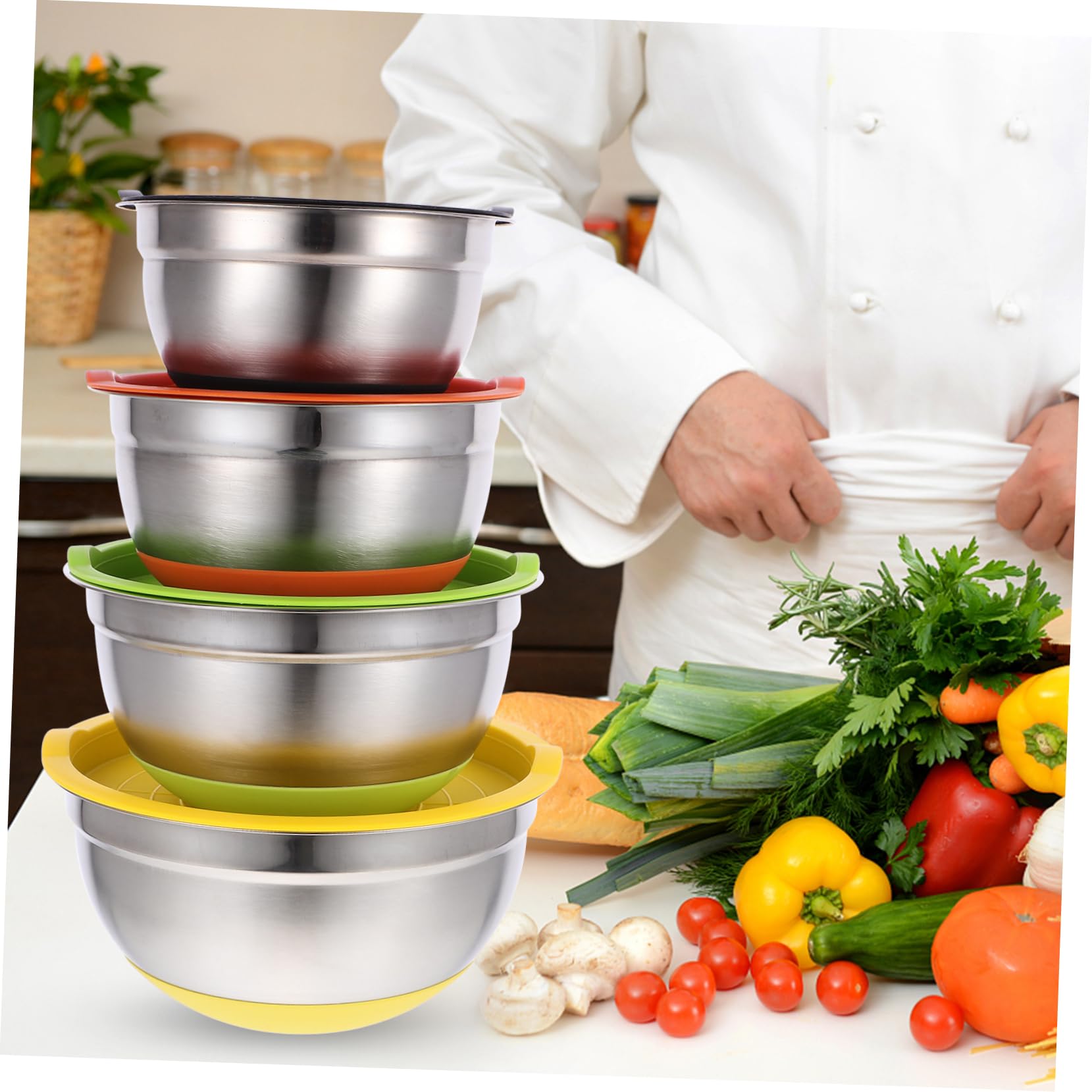 4piezas Tazones Inoxidable Antideslizantes Base Para Ensaladas y Almacenamiento De Frutas Mezclados Para Cocina y Hornear