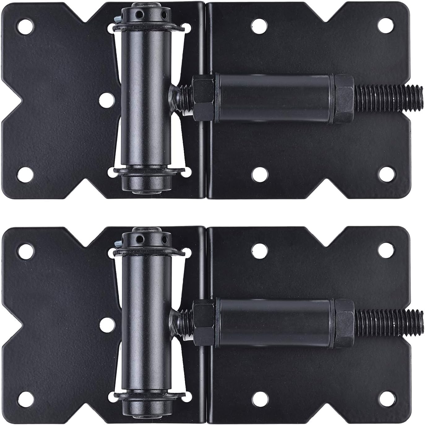 Bisagras de cierre automático resistentes para vallas de madera/vinilo/PVC, 90 grados ajustables, con tornillos de instalación y herramienta de ajuste de oscilación, paquete de 2, color negro