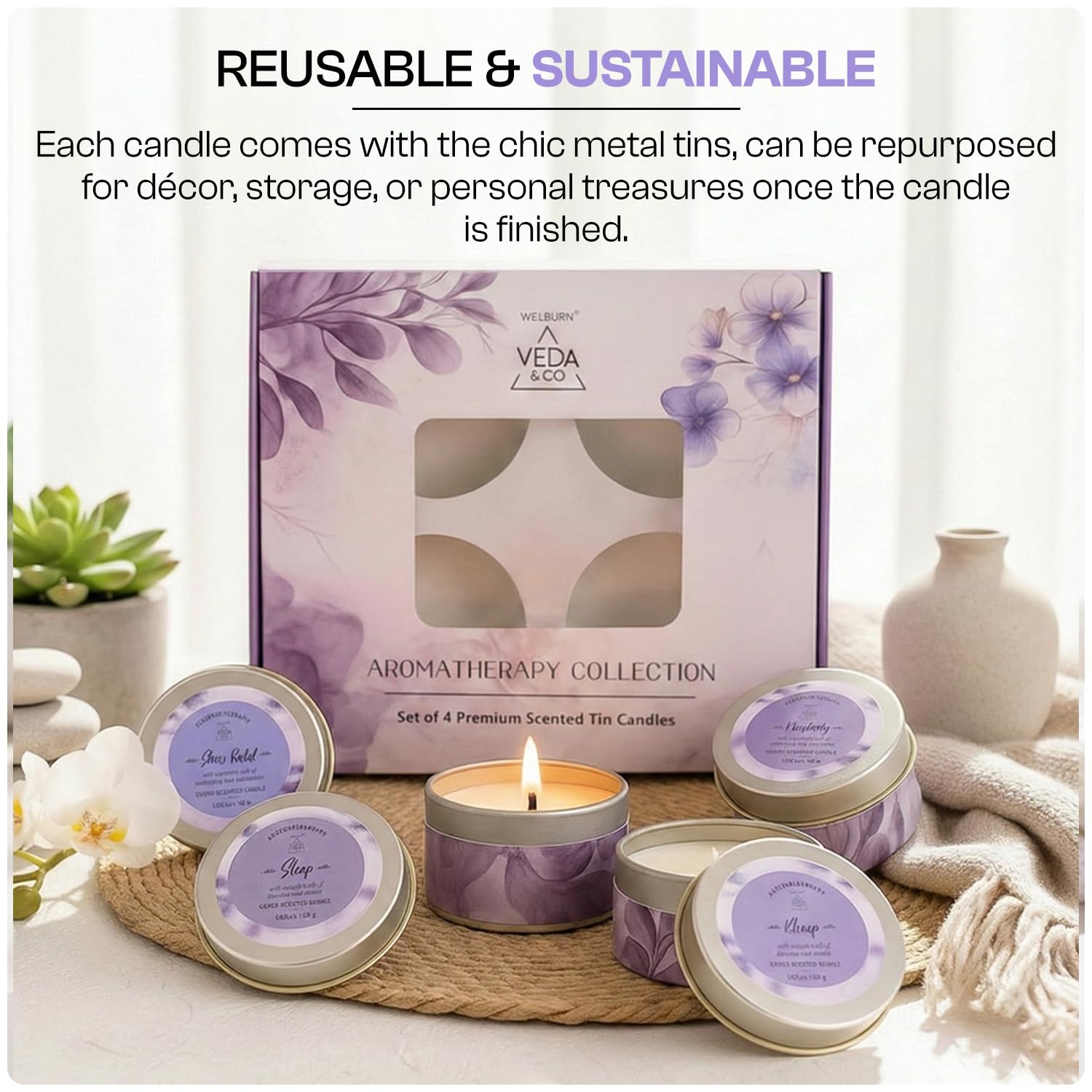 Welburn Veda&Co® Aromatherapy Mini Tin Candles (4 Pack) | Long Lasting Scented Candles | Aromatherapy Candles for Home Décor, Office, Meditation Relaxation, Yoga & Festive Gifting 2