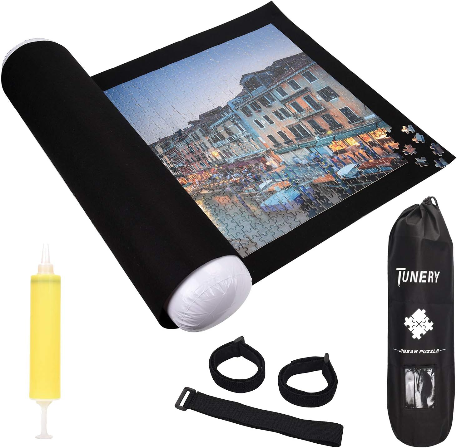 Puzzle Mat, Uiong Puzzle Storage Pad & Jigsaw Puzzle Roll Mat Roll up to 1500 Piece, Including 46 X 24 Inch Felt Mat, Inflatable Tube, Mini Pump, Drawstring Storage Bag and 3 Elastic Fasteners